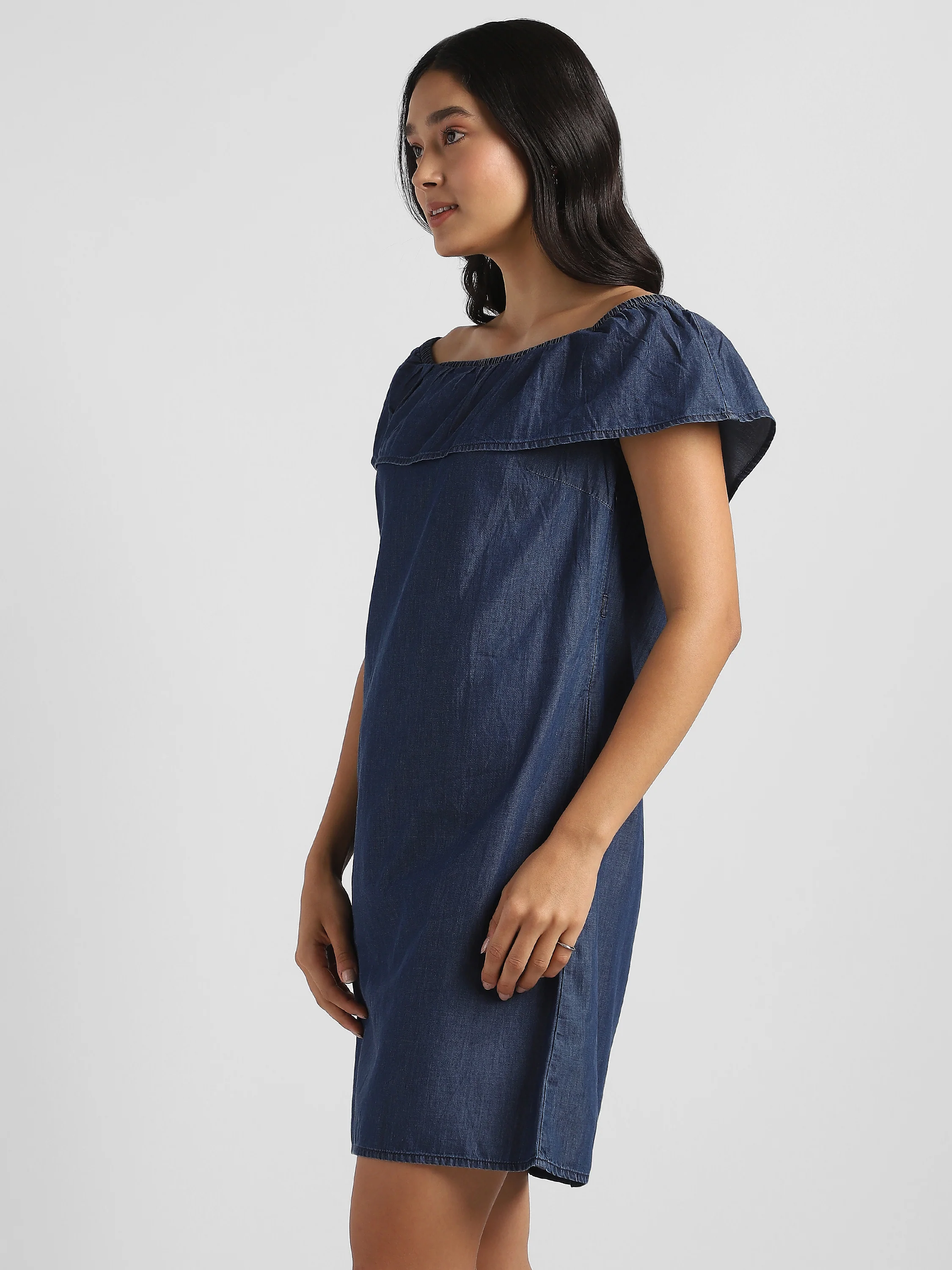 Women Blue Denim Off shoulder Dress - Image 5