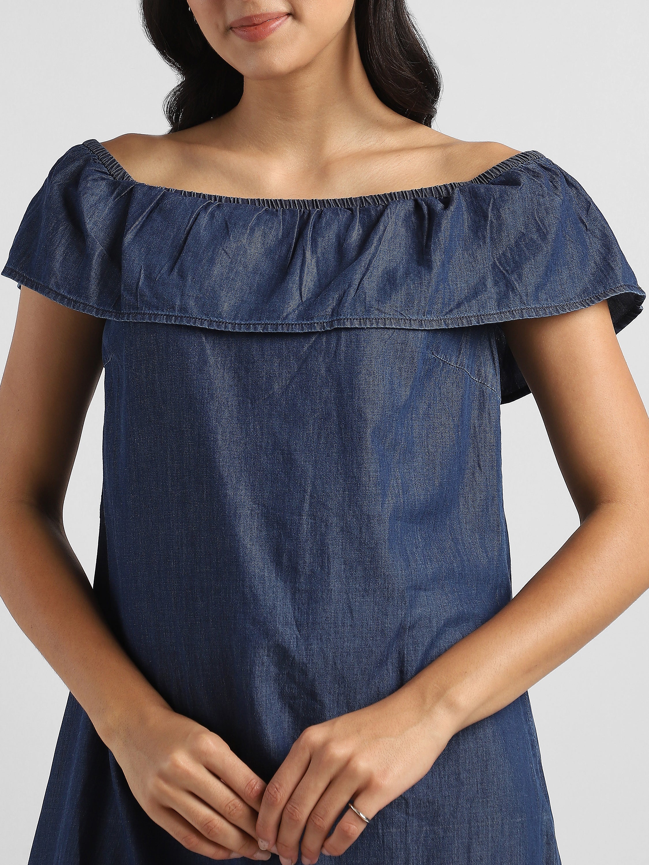 Women Blue Denim Off shoulder Dress - Image 6