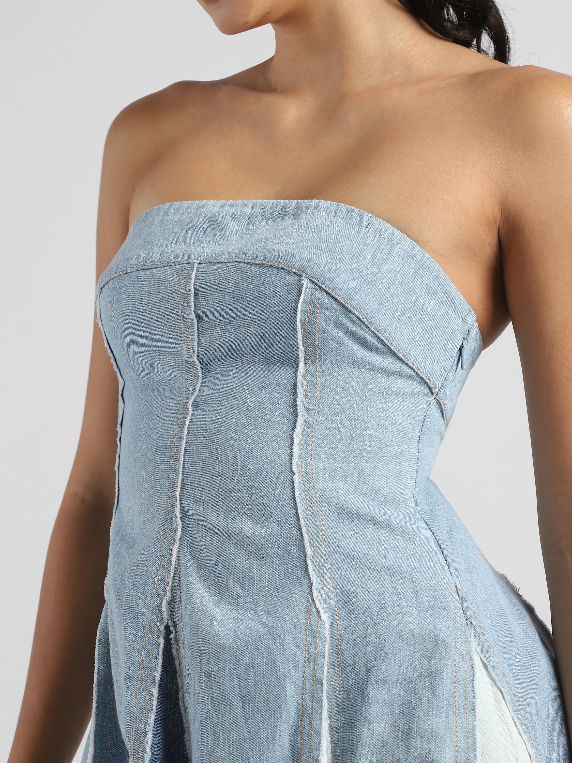 Women Blue Denim Off Shoulder Fit & Flare Dress - Image 2