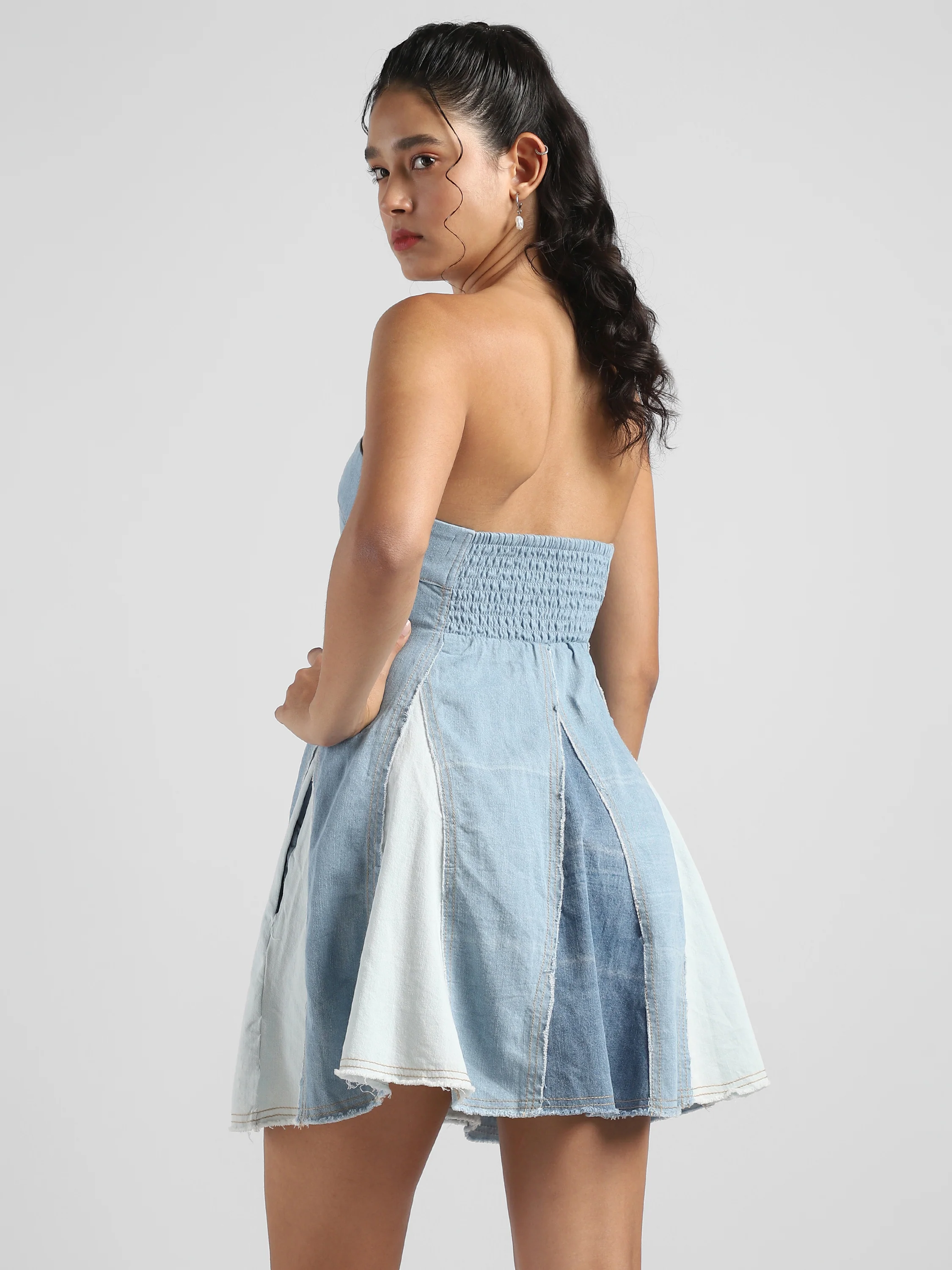 Women Blue Denim Off Shoulder Fit & Flare Dress - Image 3