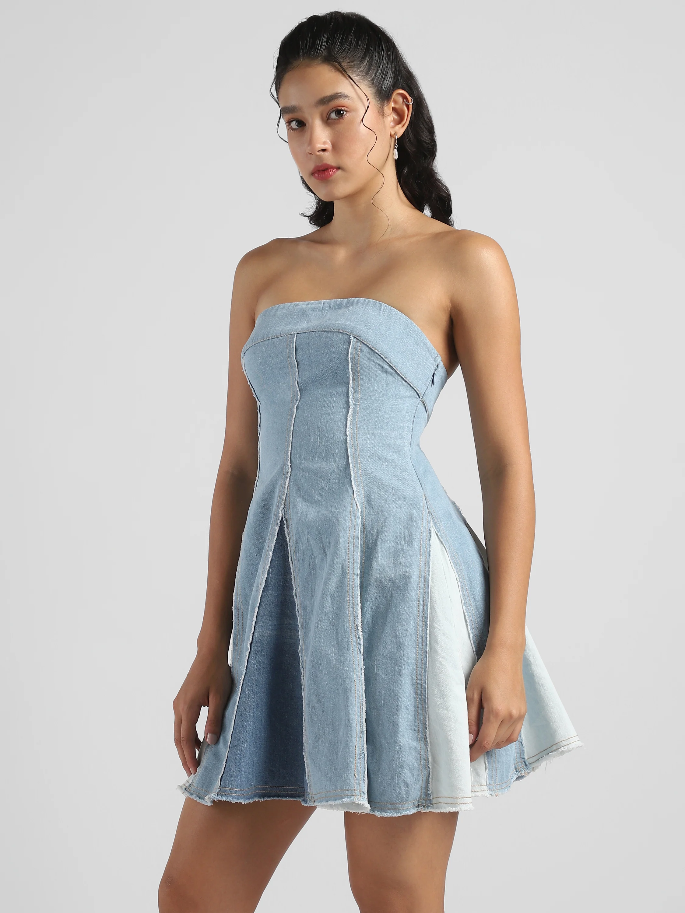 Women Blue Denim Off Shoulder Fit & Flare Dress - Image 4