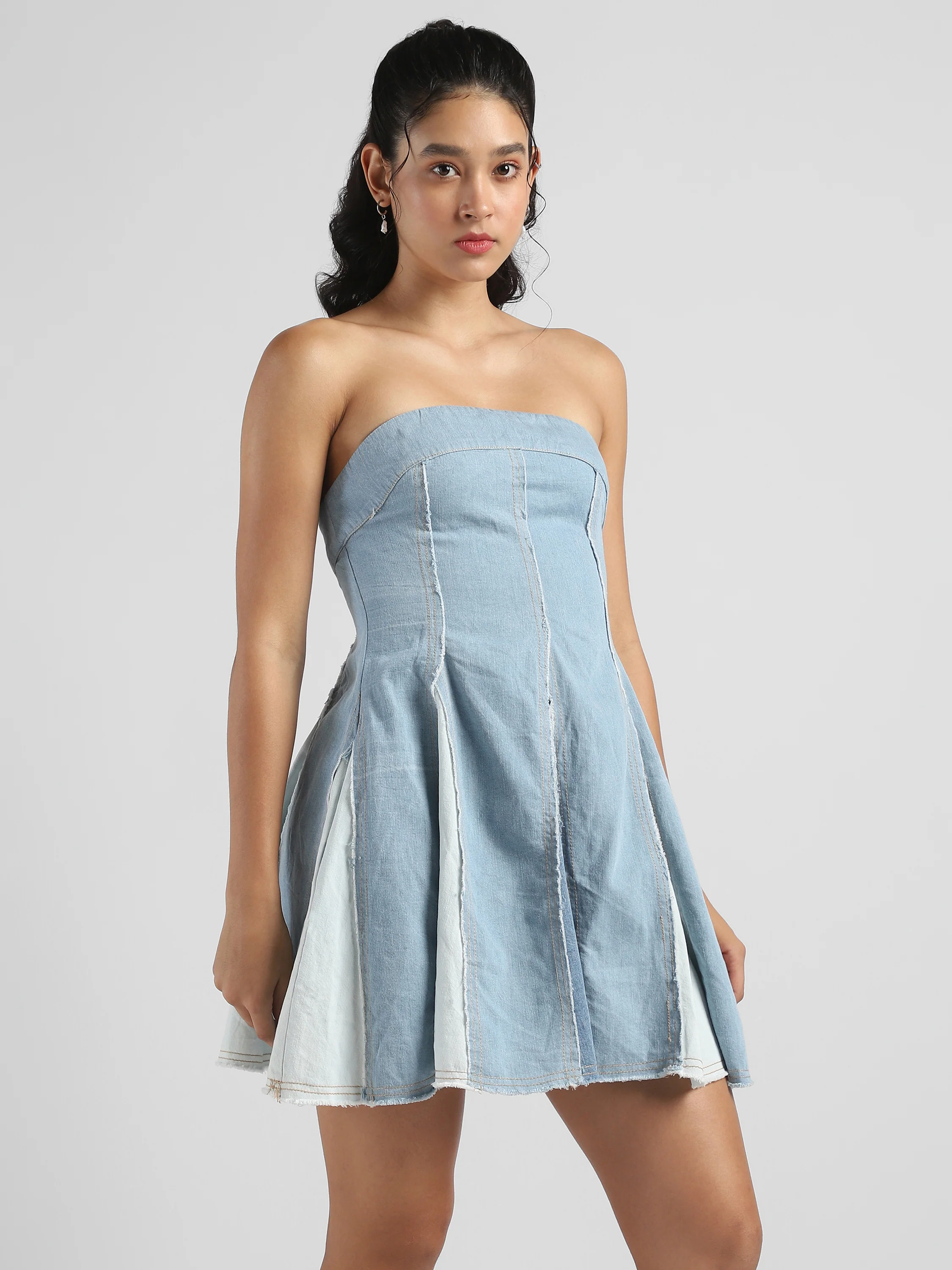 Women Blue Denim Off Shoulder Fit & Flare Dress - Image 5