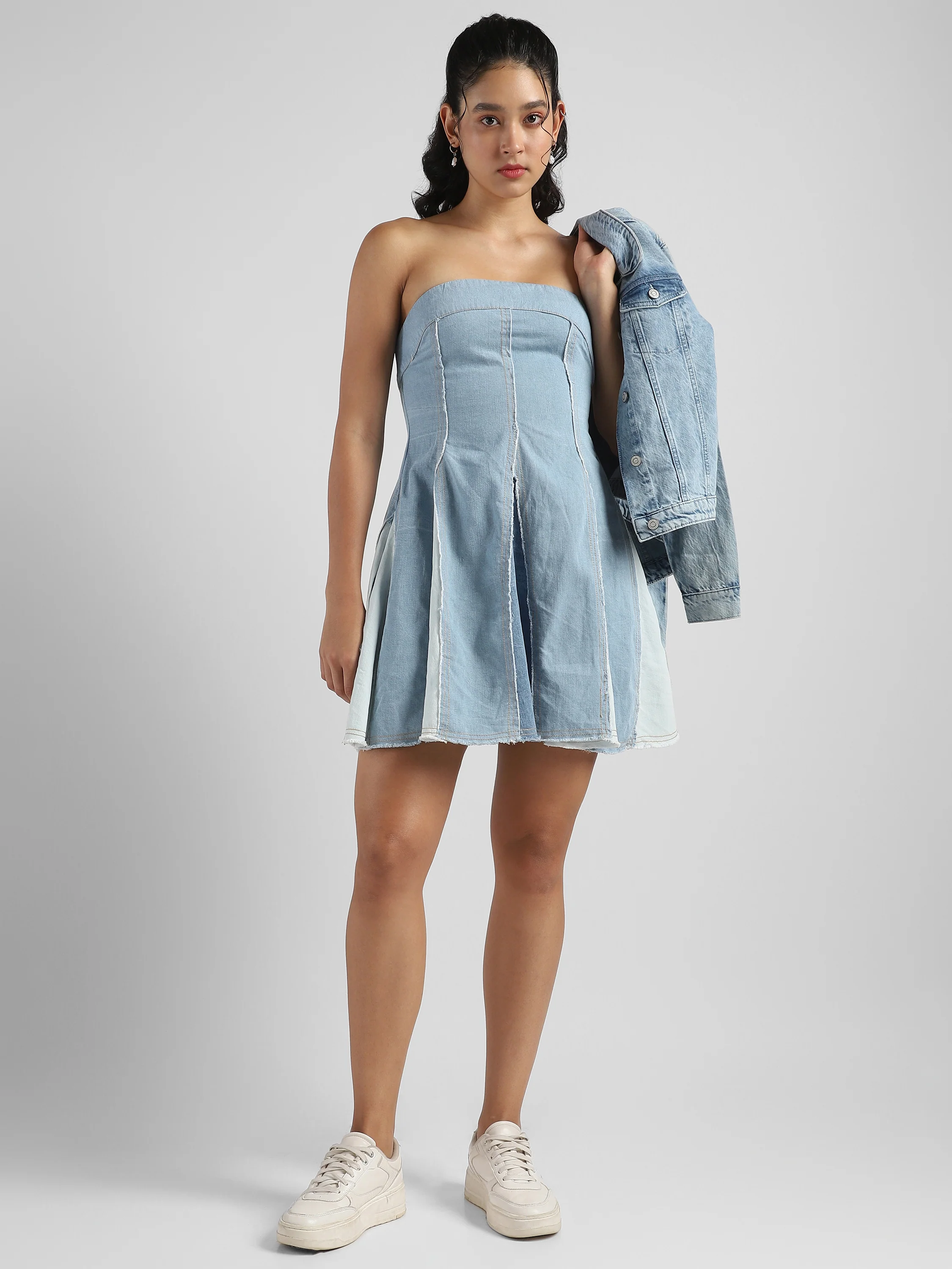Women Blue Denim Off Shoulder Fit & Flare Dress - Image 7