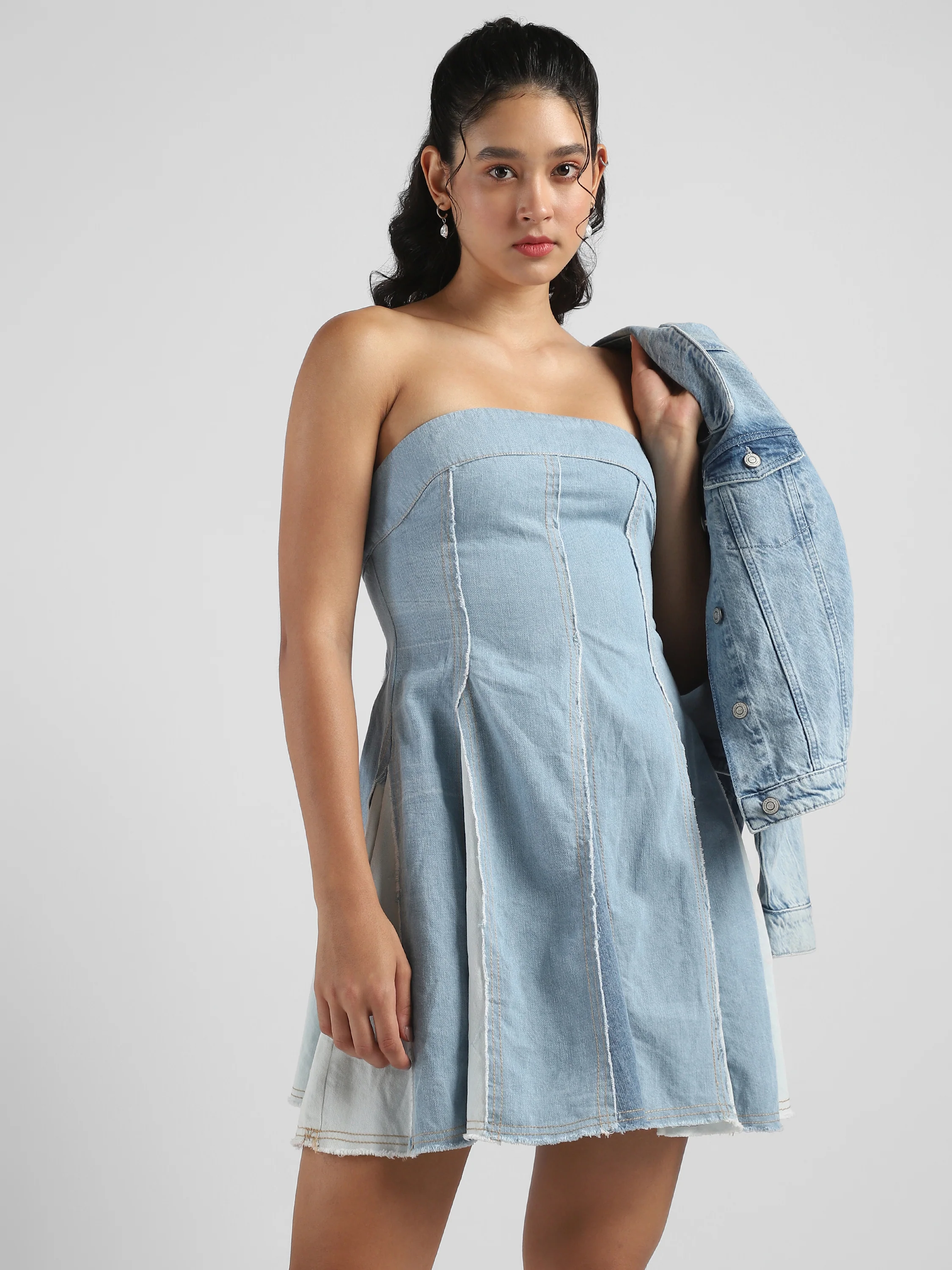 Women Blue Denim Off Shoulder Fit & Flare Dress - Image 8