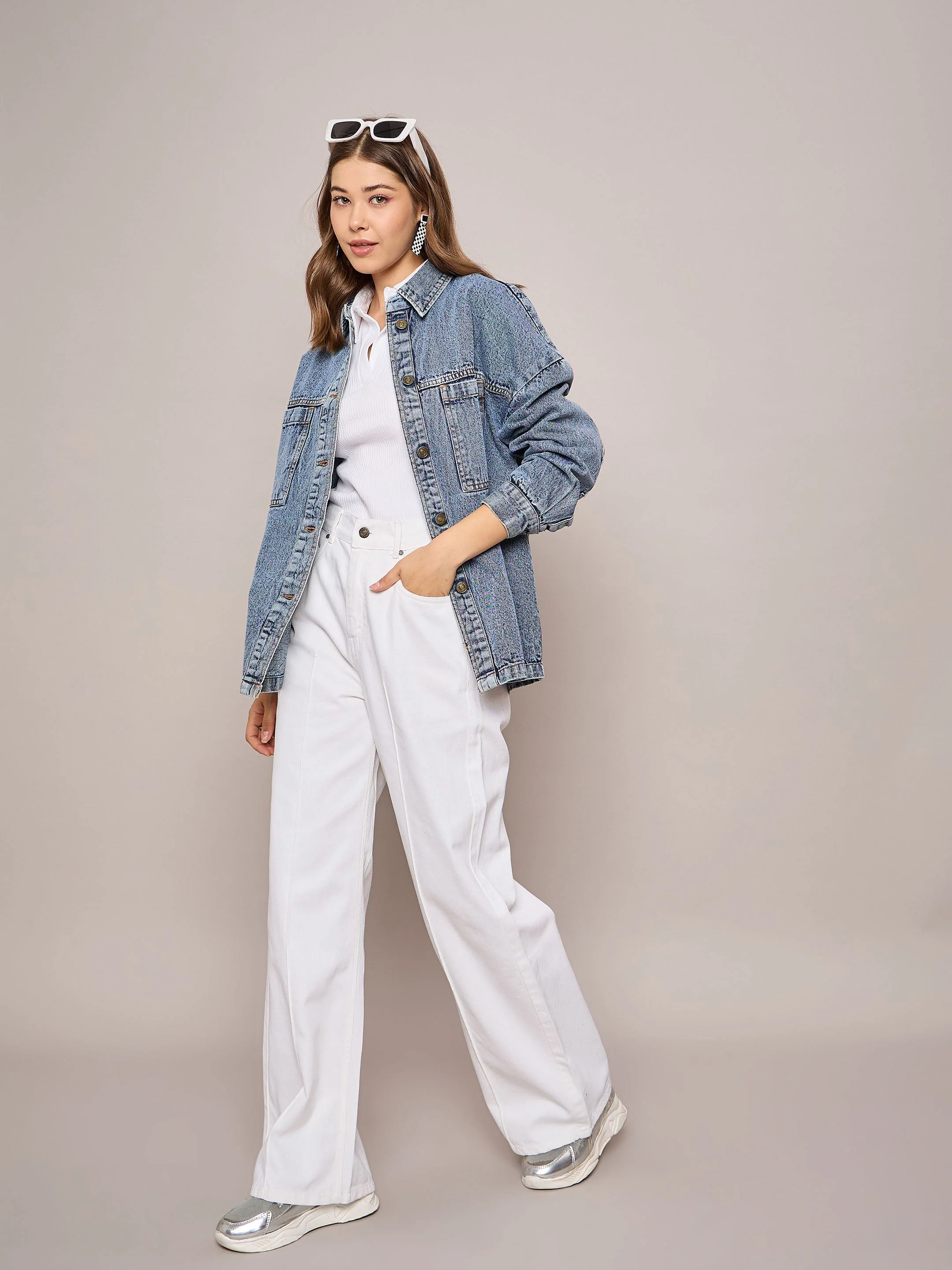 Women Blue Denim Oversized Jacket - Image 2
