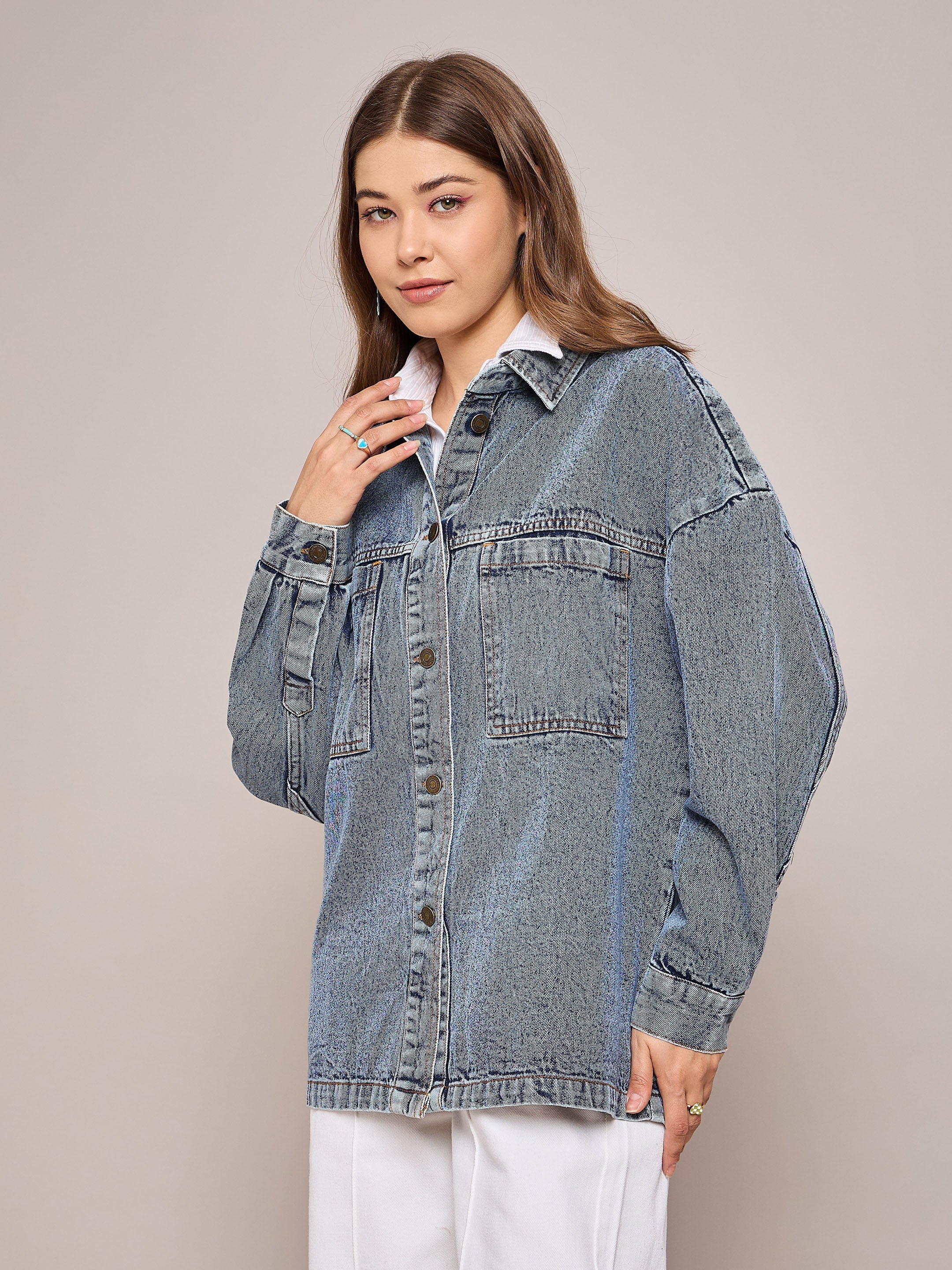 Women Blue Denim Oversized Jacket - Image 3