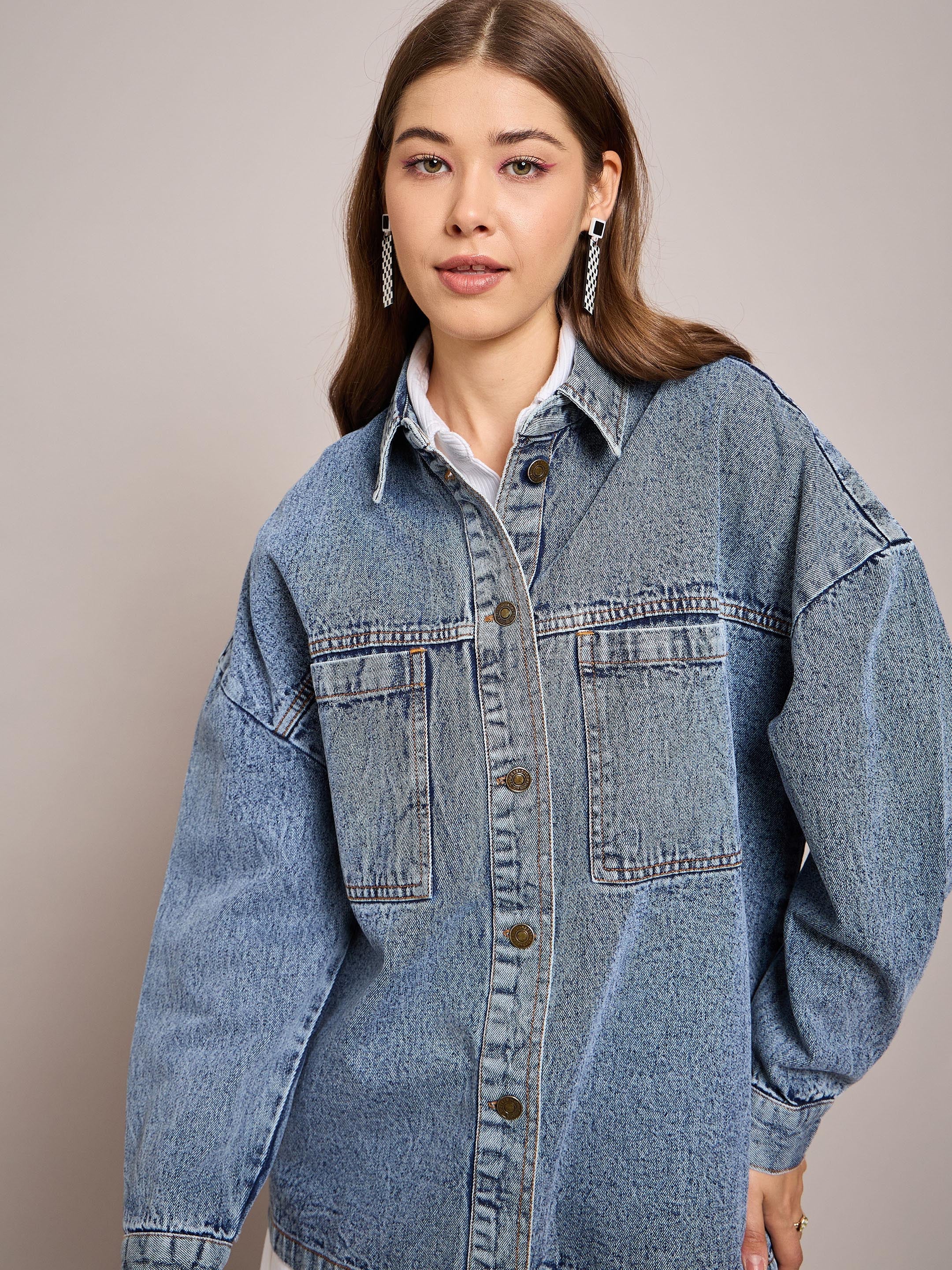 Women Blue Denim Oversized Jacket - Image 4