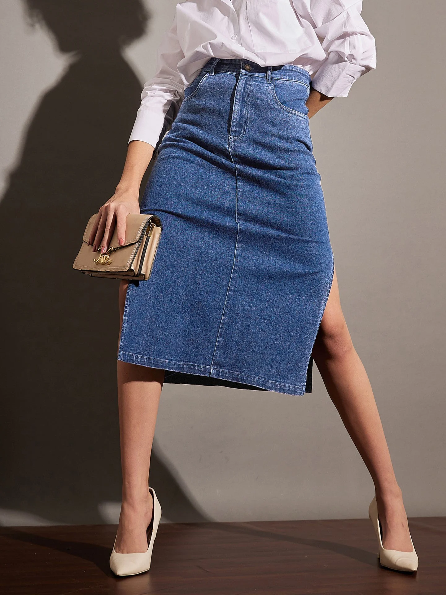 Women Blue Denim Side Slit Midi Skirt - Image 5