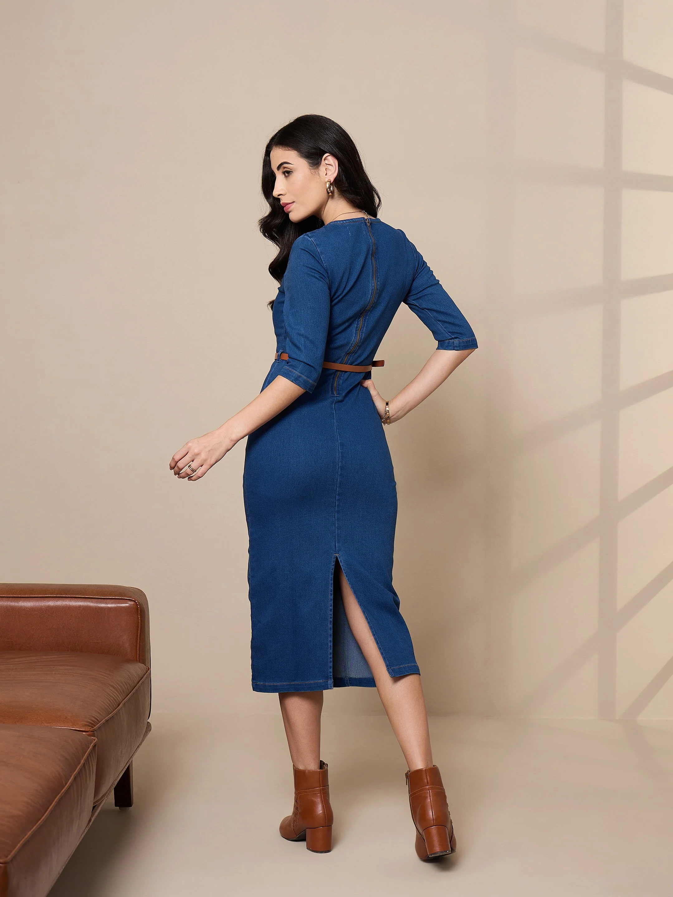Women Blue Denim V-Neck Below Knee Dress - Image 2