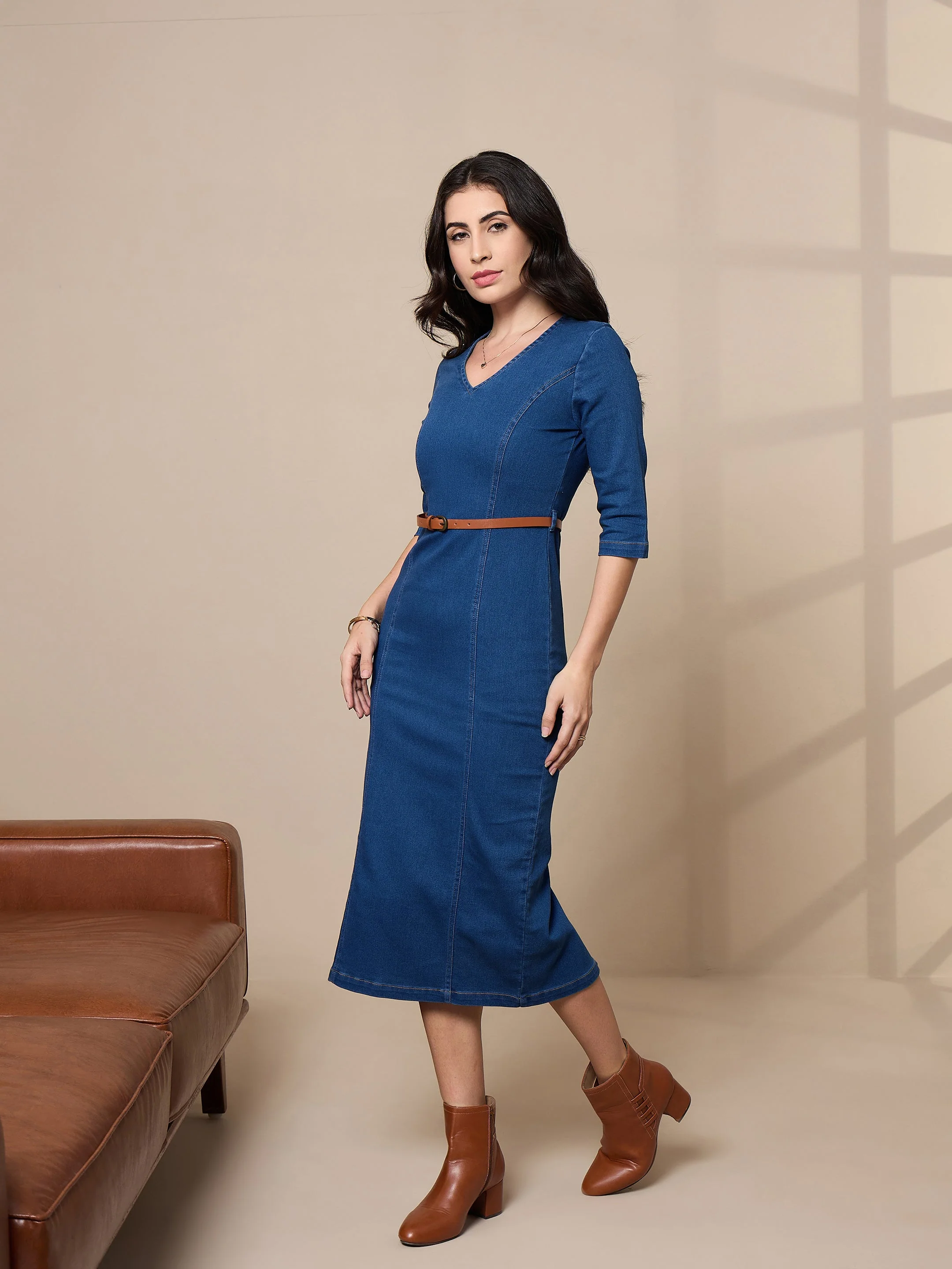 Women Blue Denim V-Neck Below Knee Dress - Image 5