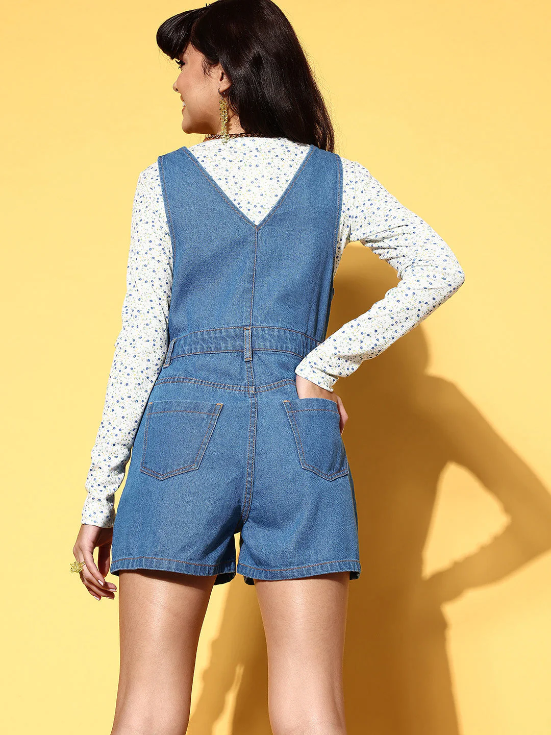 Women Blue Denim V-Neck Shorts Dungaree - Image 5