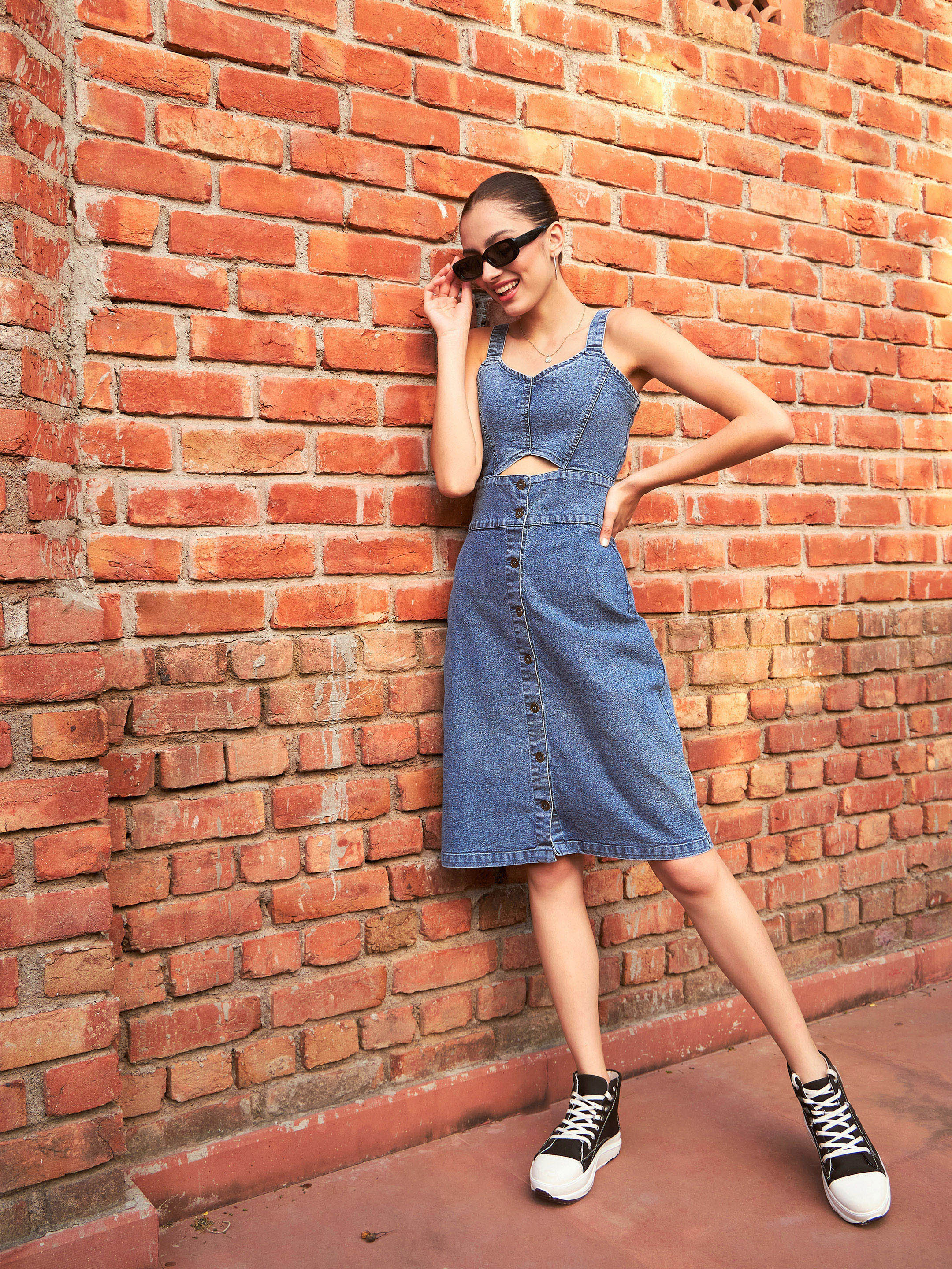 Women Blue Denim Wash Strappy Dress - Image 2