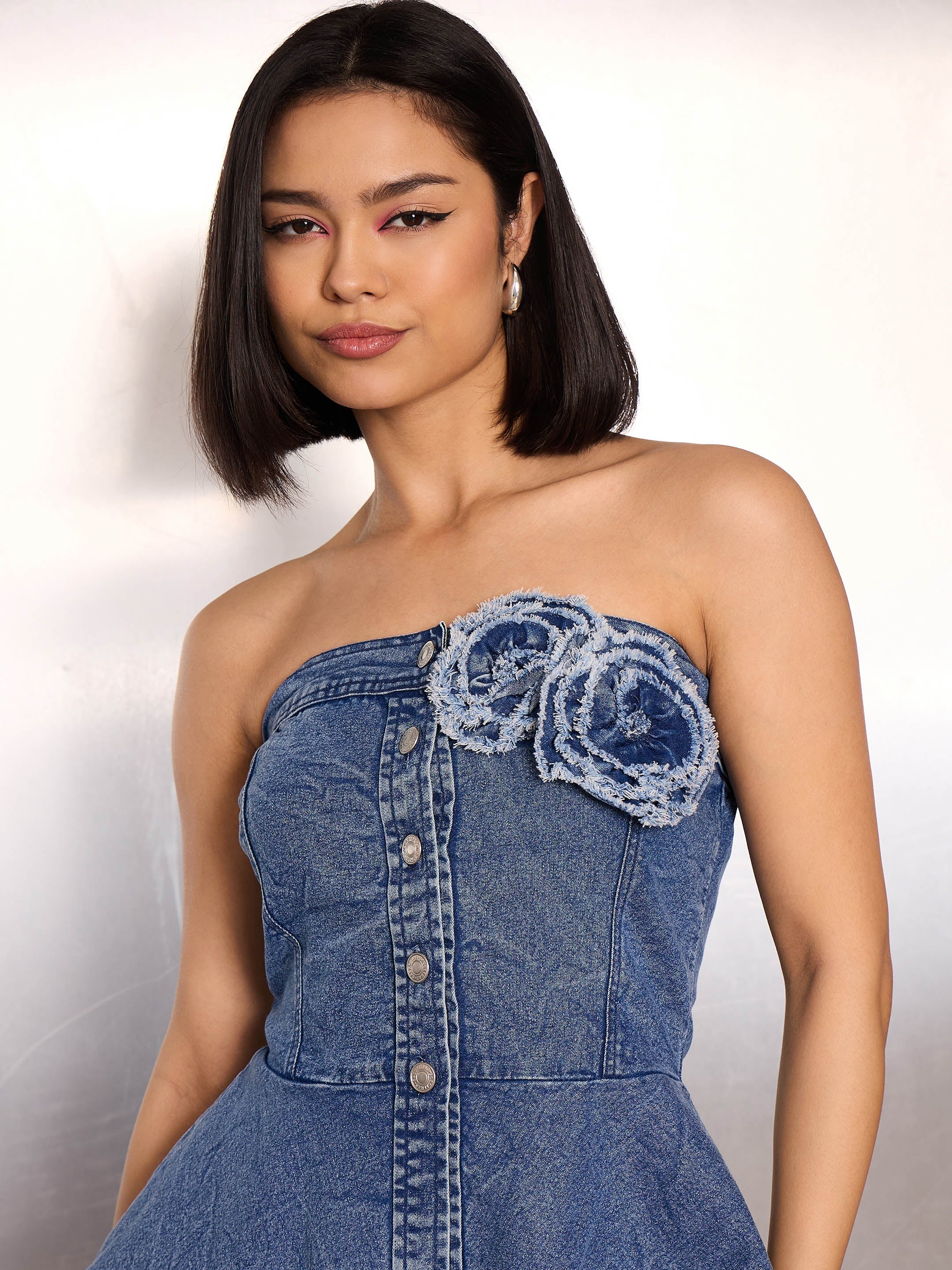 Women Blue Denim Washed Corsage Button Down Top - Image 4