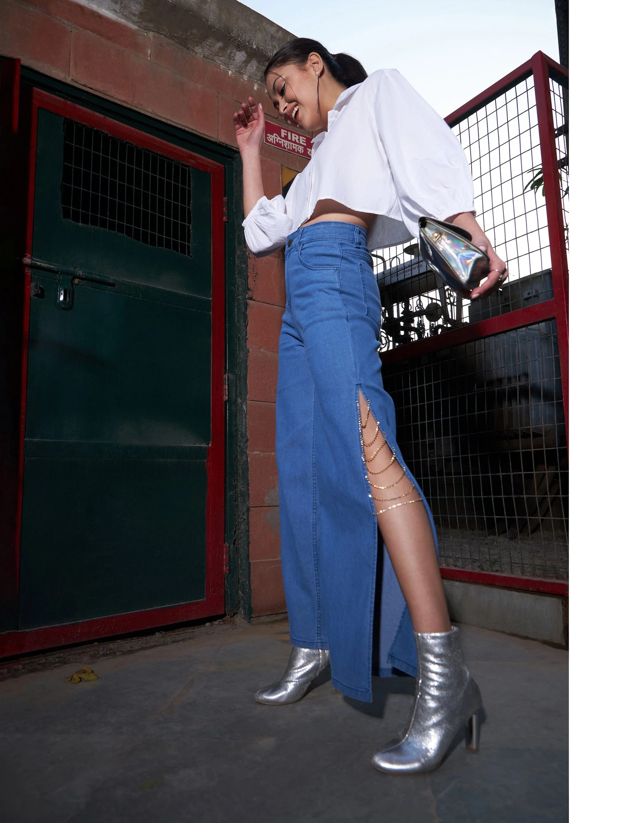 Women Blue Diamante Side Slit Straight Jeans - Image 2