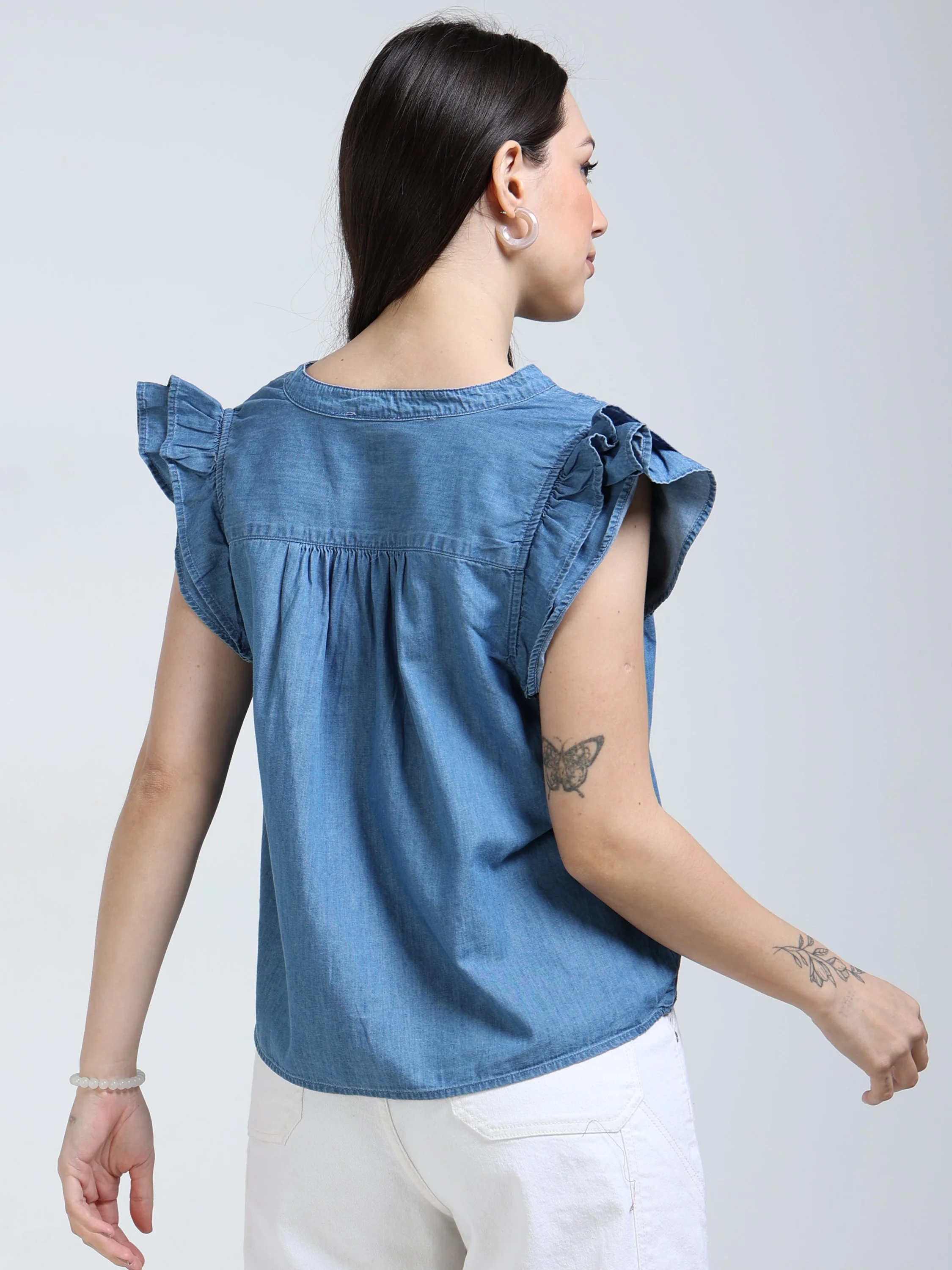 Women Blue Double Gauze Relaxed Top - Image 4