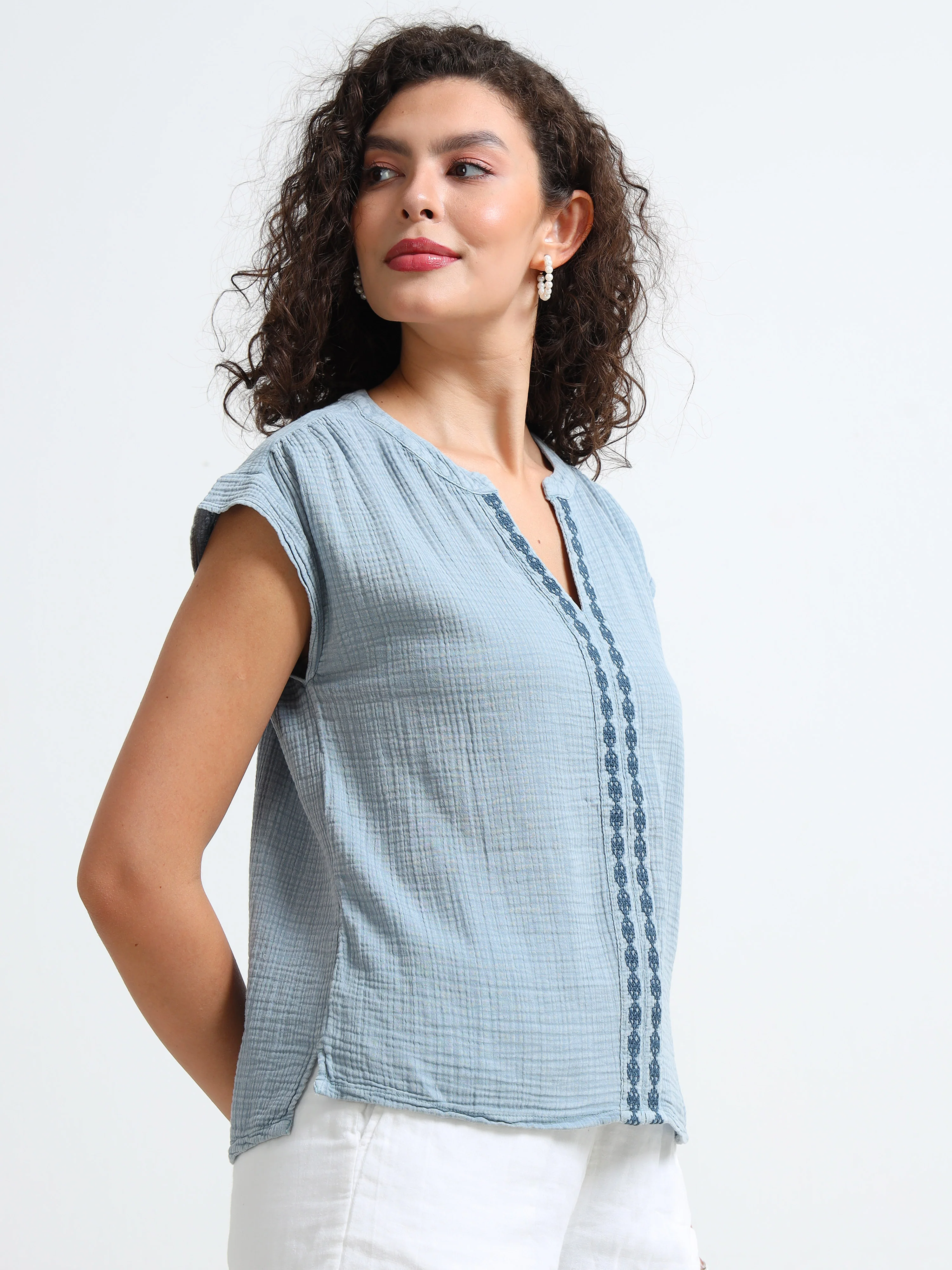 Women Blue Double Gauze Embroidered Top - Image 2