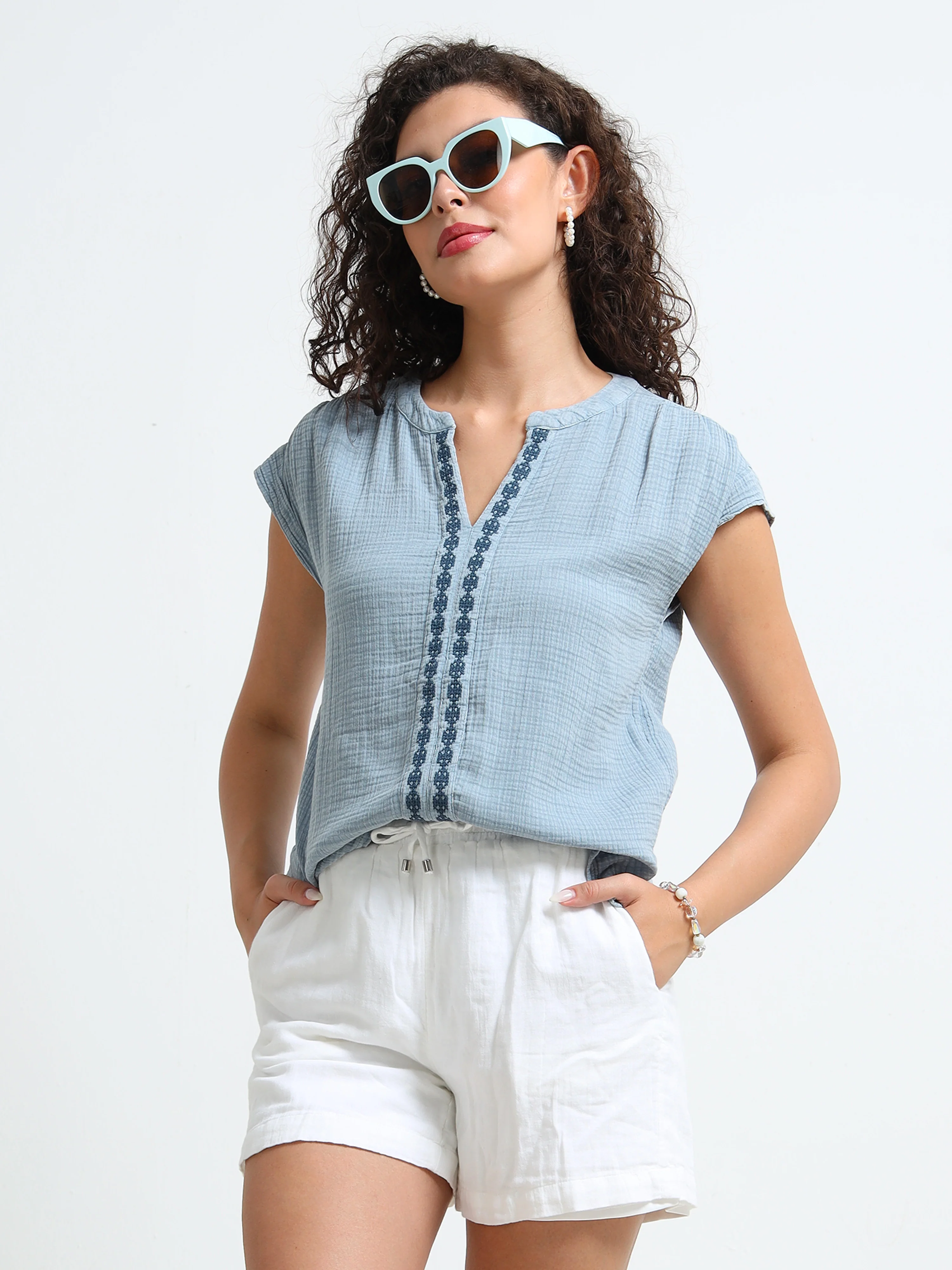 Women Blue Double Gauze Embroidered Top - Image 3