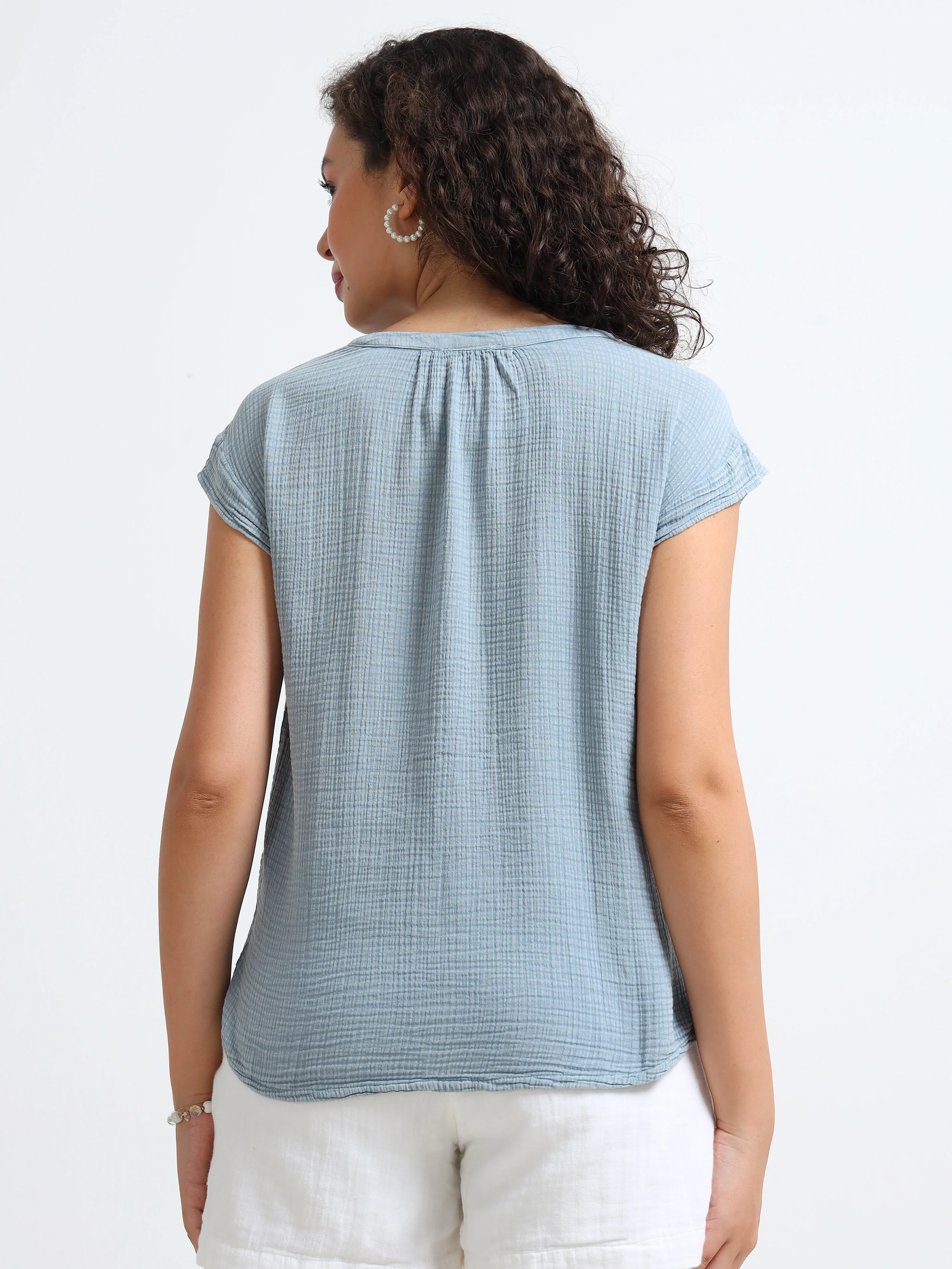 Women Blue Double Gauze Embroidered Top - Image 5