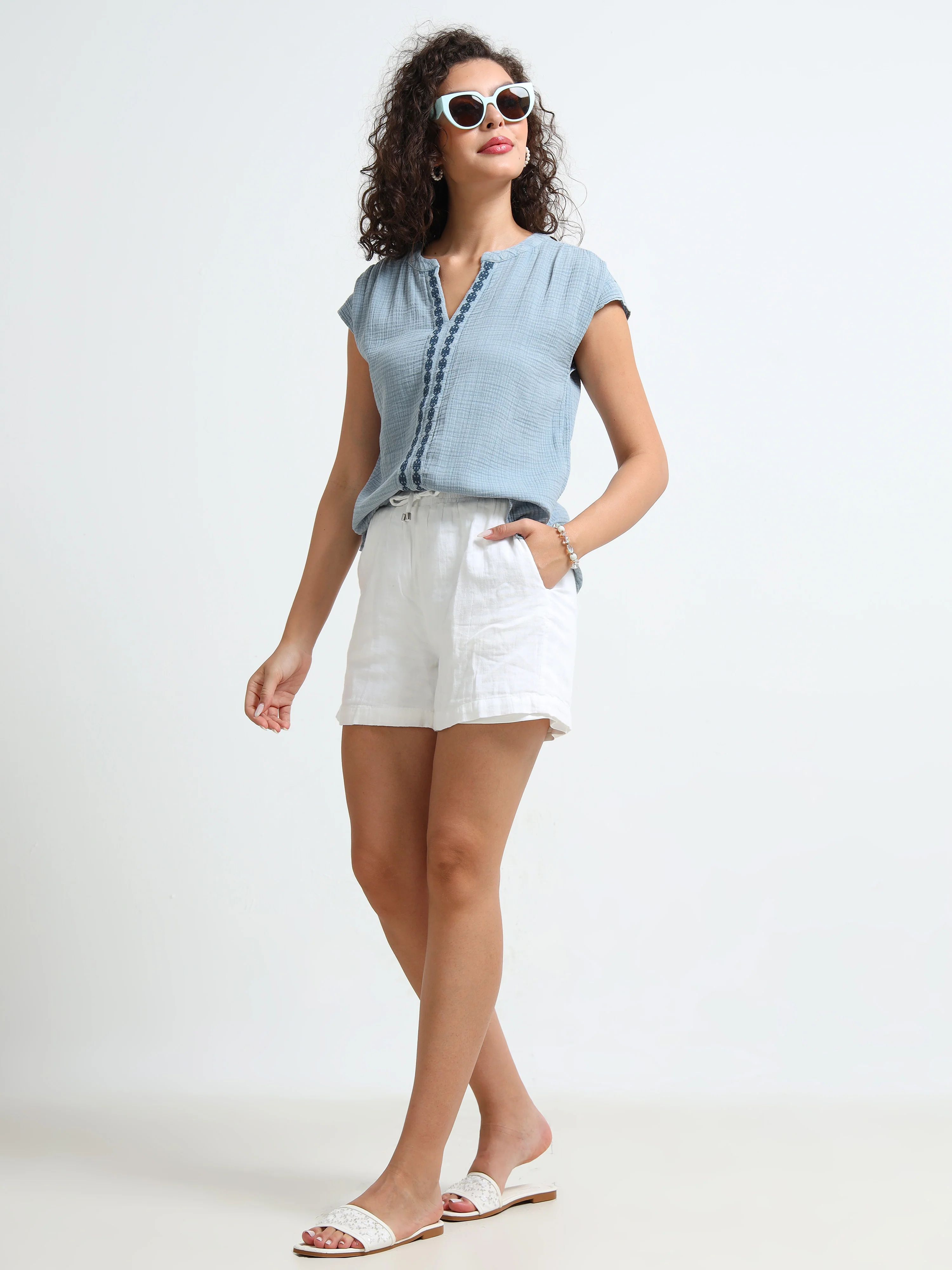Women Blue Double Gauze Embroidered Top - Image 6