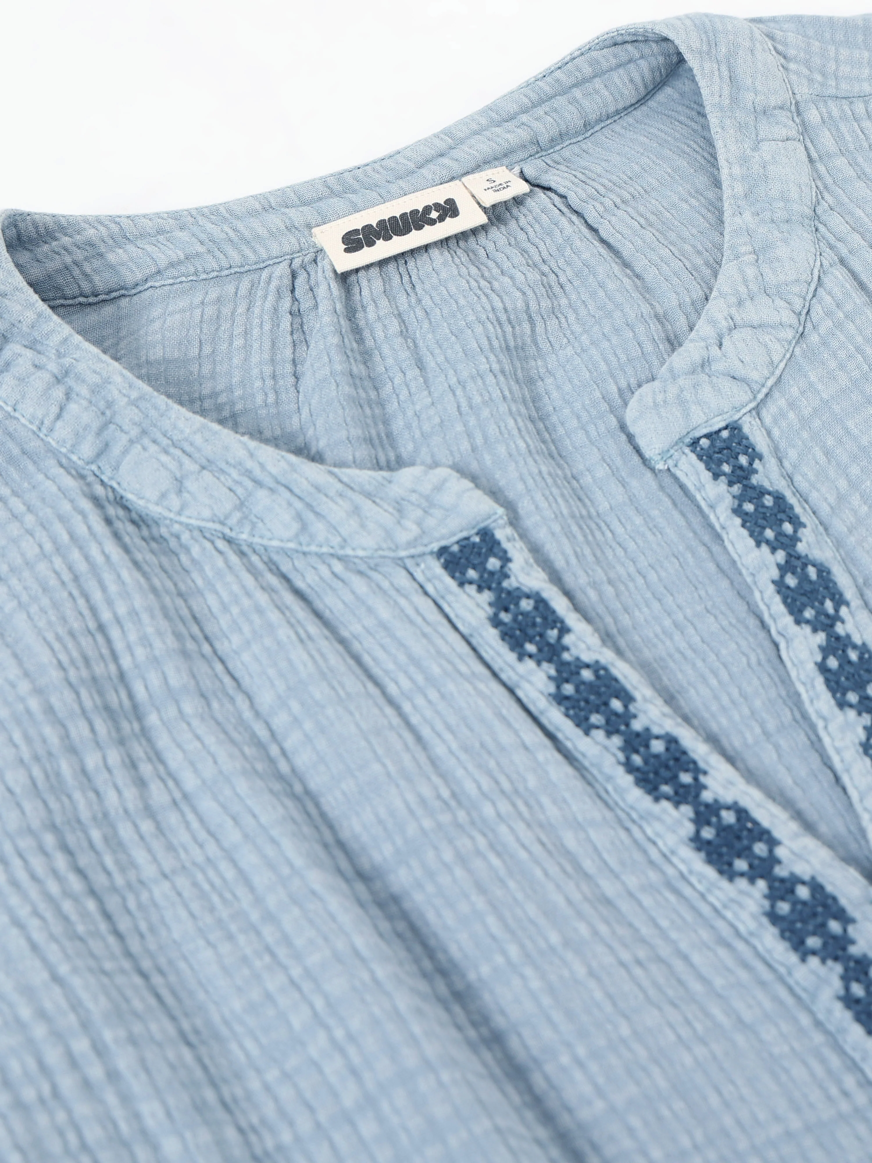 Women Blue Double Gauze Embroidered Top - Image 7