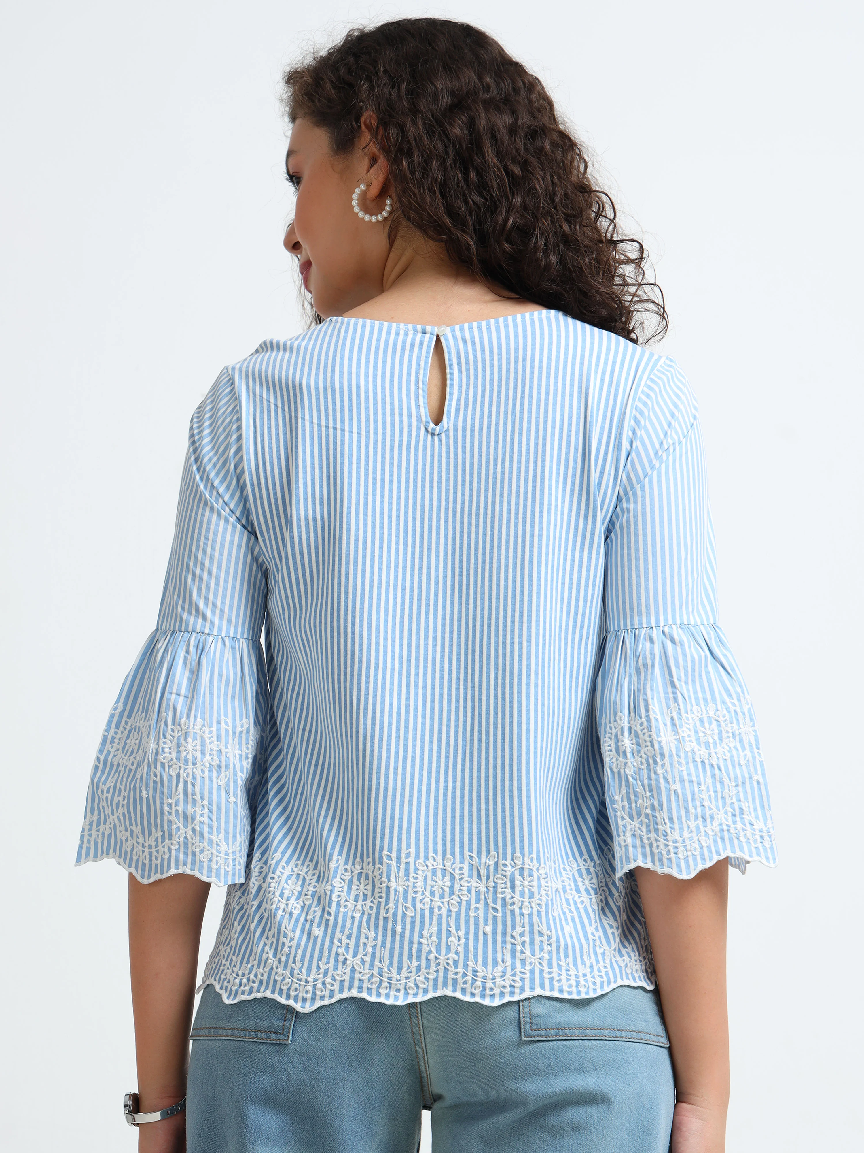 Women Blue Embroidered Casual Top - Image 2