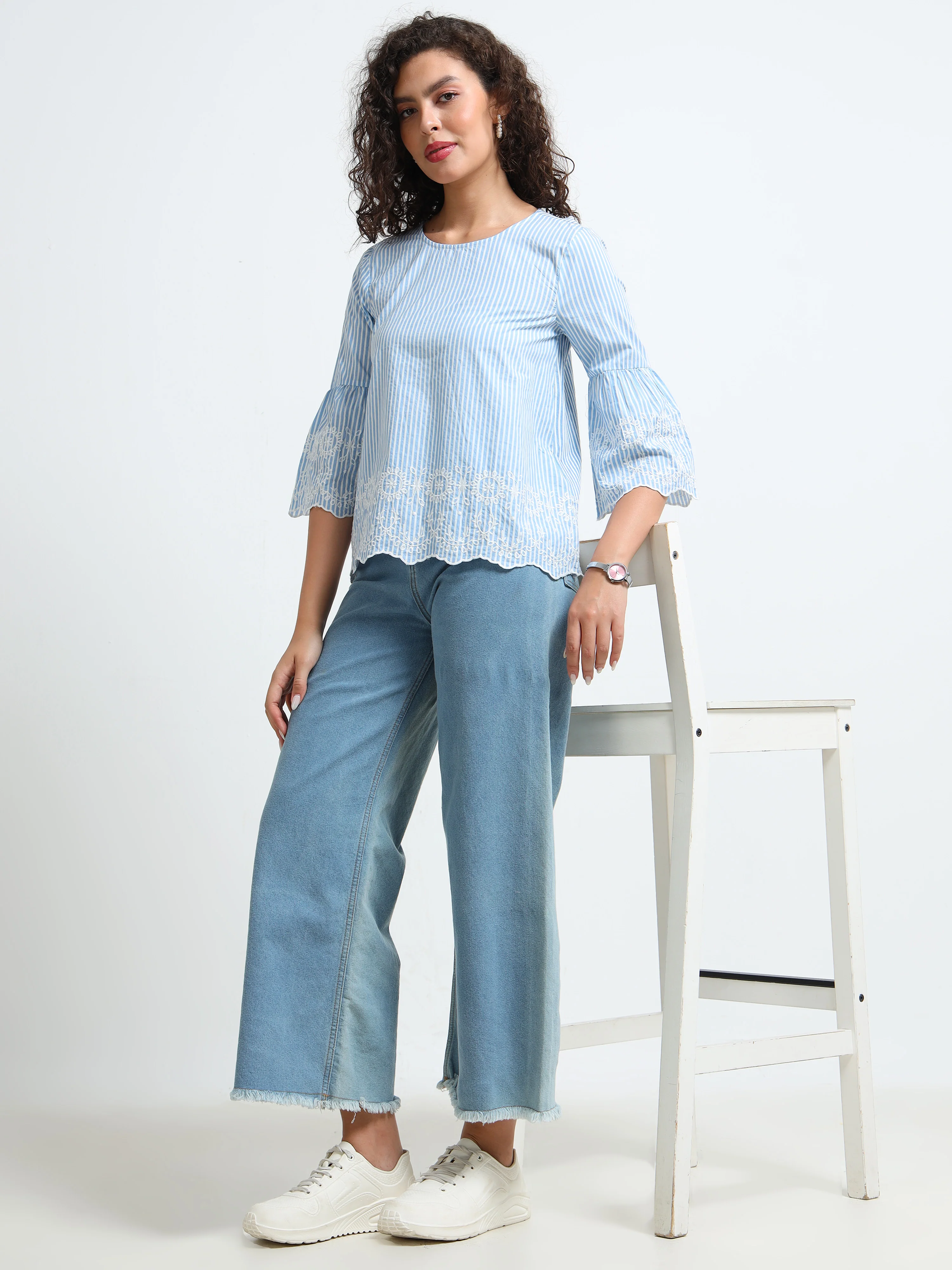 Women Blue Embroidered Casual Top - Image 3