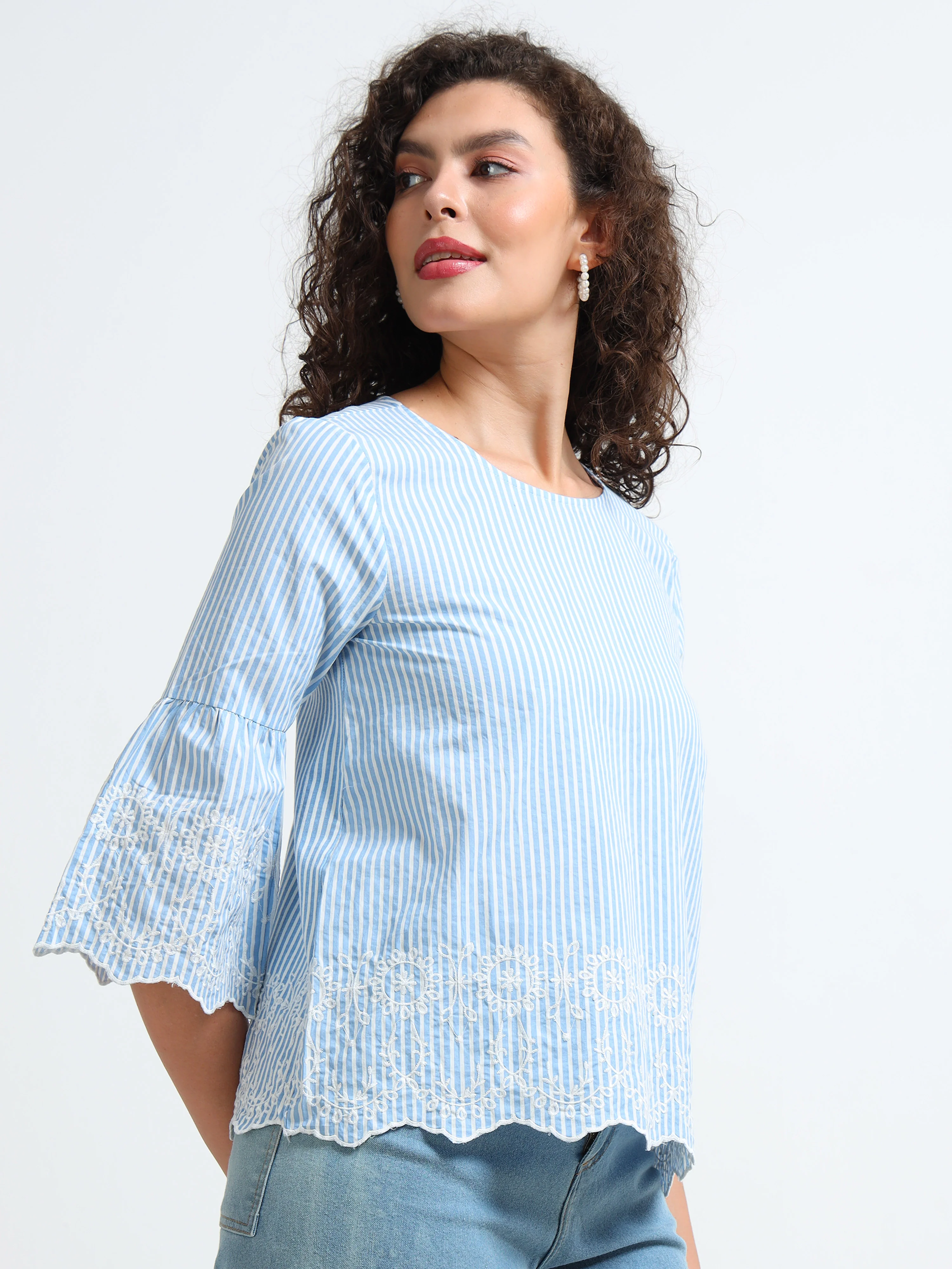 Women Blue Embroidered Casual Top - Image 5