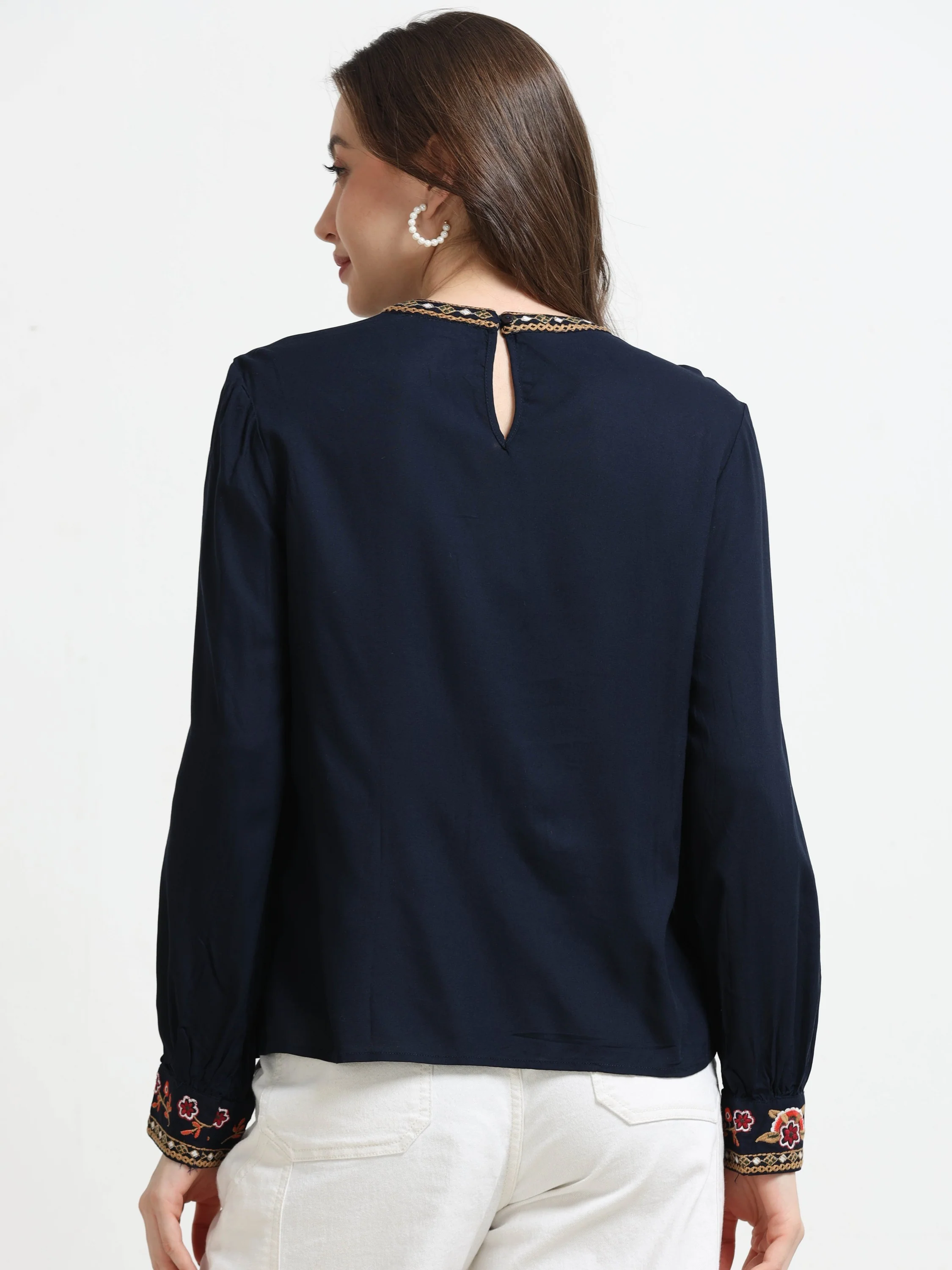 Women Blue Embroidered Casual Top - Image 2