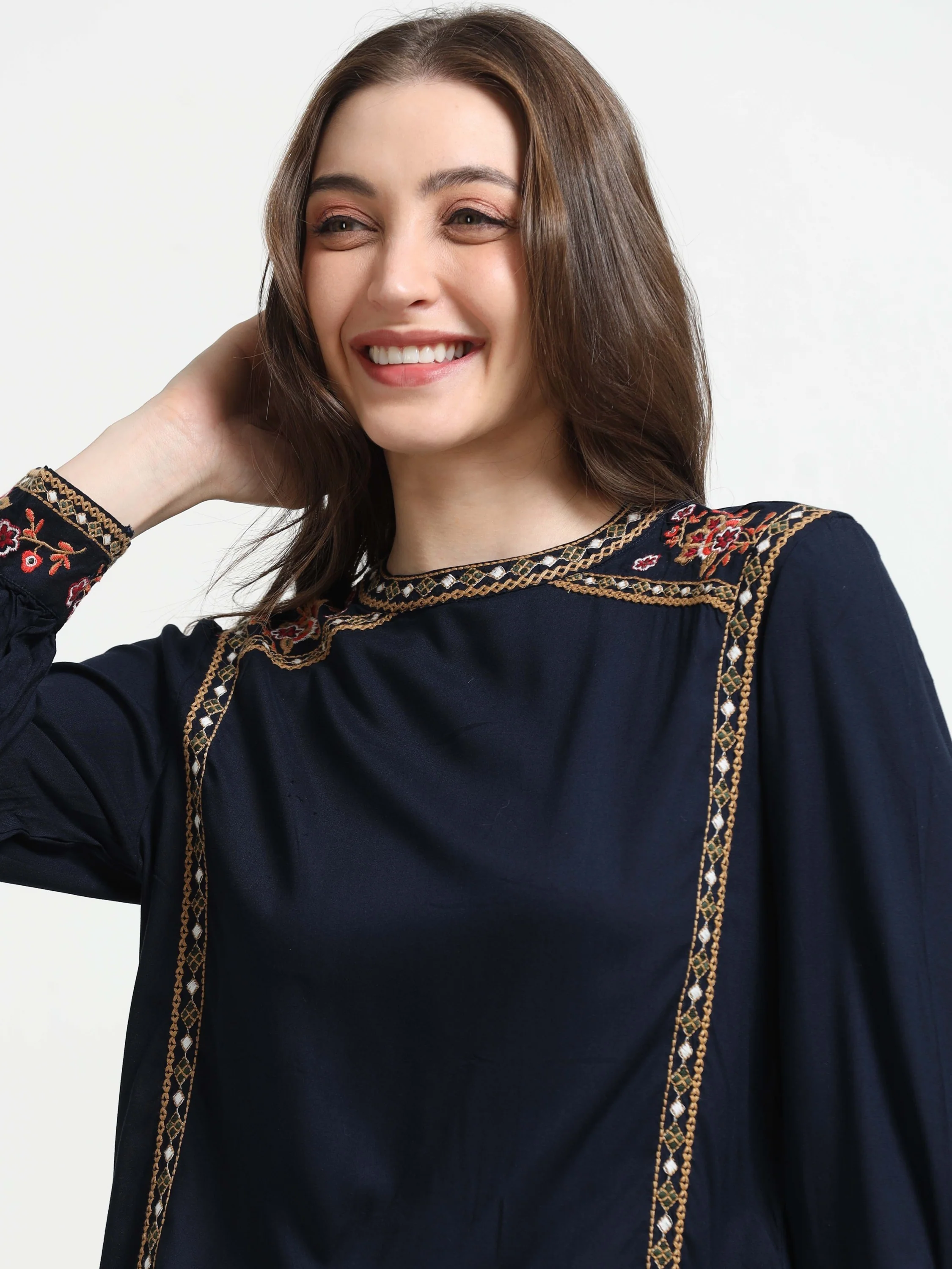 Women Blue Embroidered Casual Top - Image 3