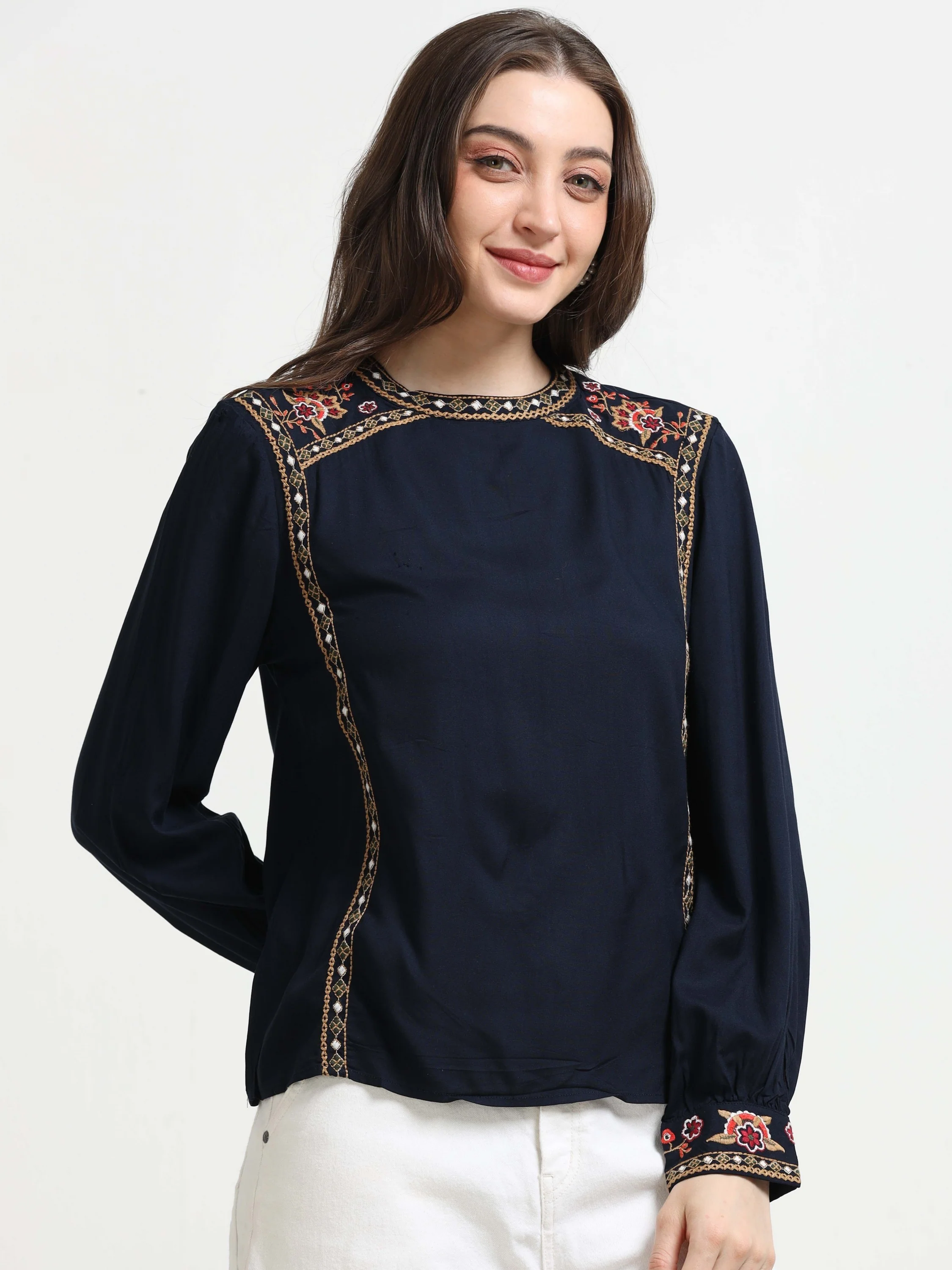 Women Blue Embroidered Casual Top - Image 4
