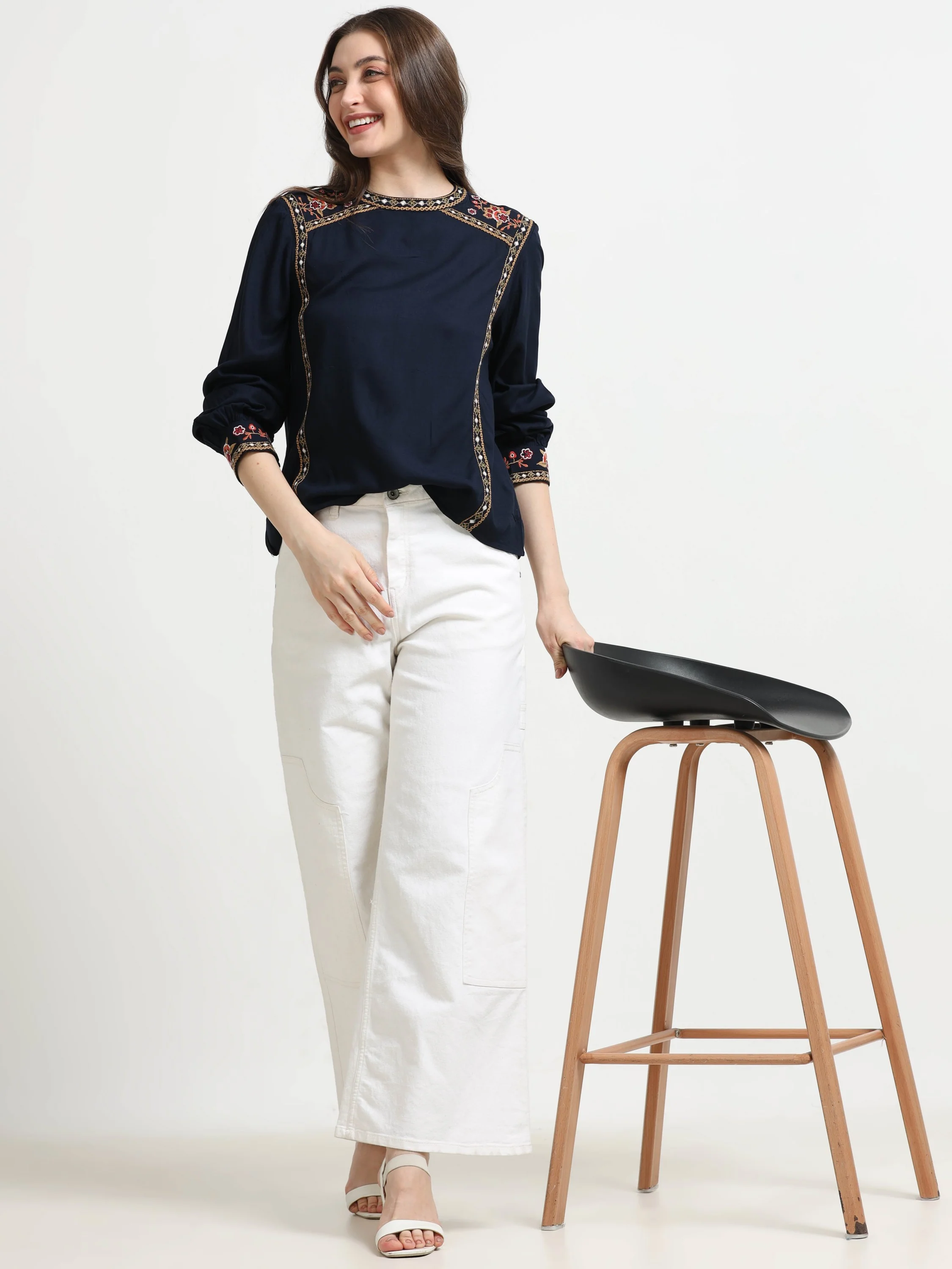 Women Blue Embroidered Casual Top - Image 5