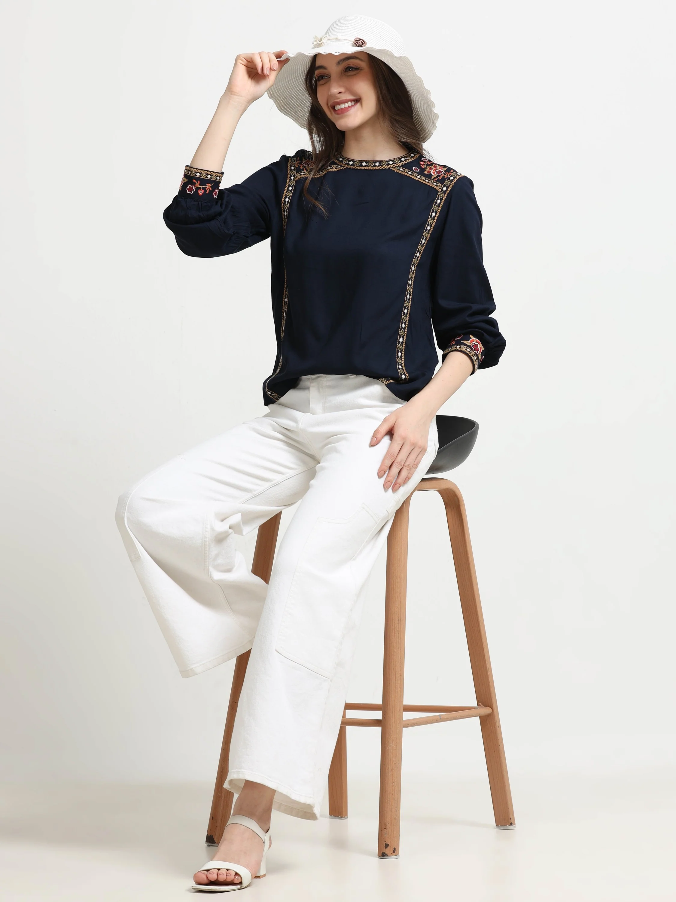 Women Blue Embroidered Casual Top - Image 6