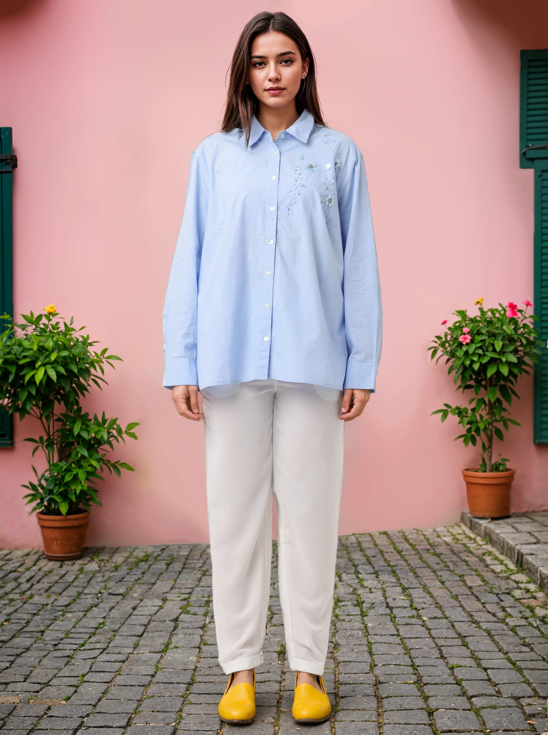 Women Blue Embroidered Comfort Fit Shirt - Image 2