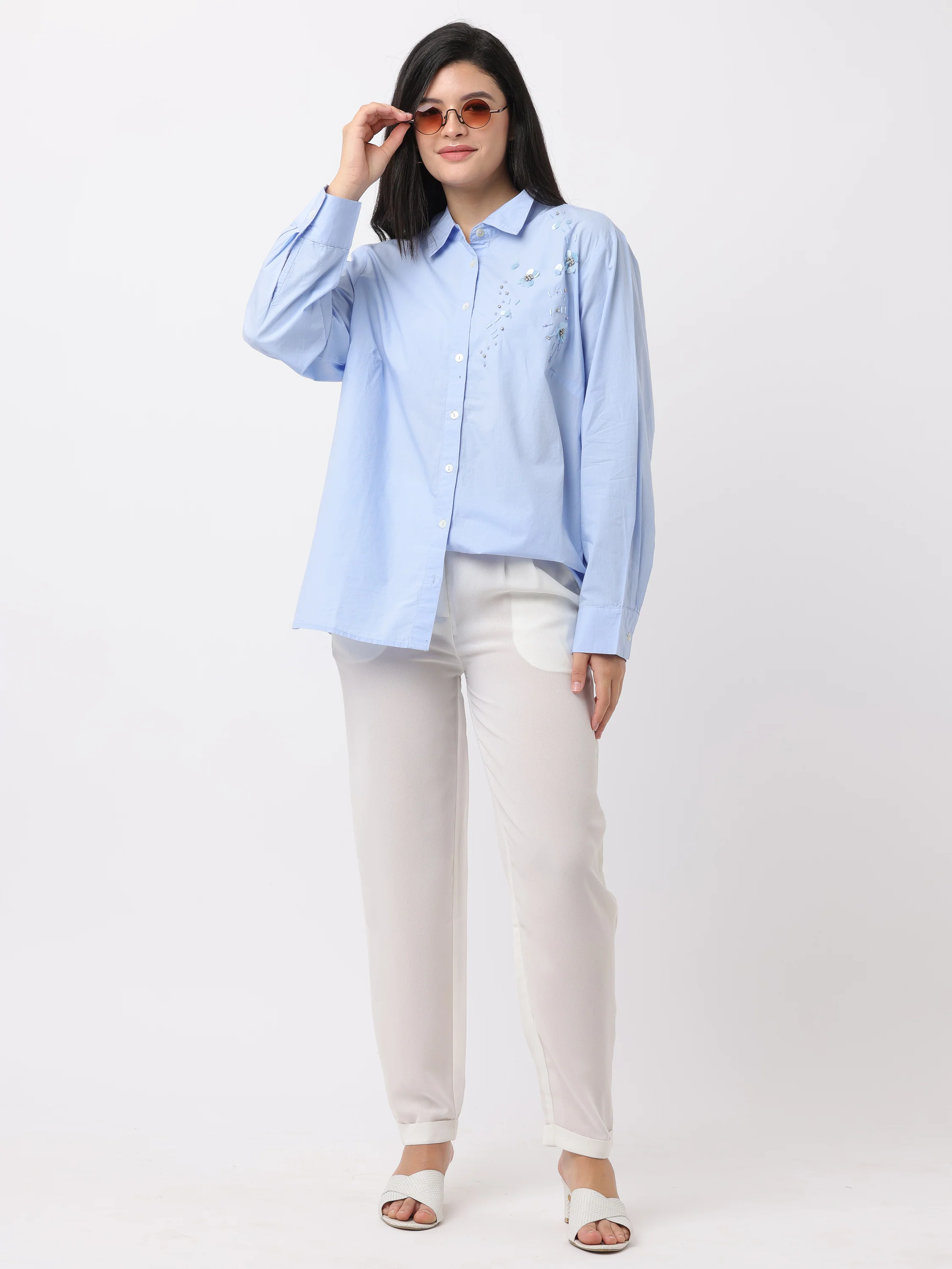 Women Blue Embroidered Comfort Fit Shirt - Image 3