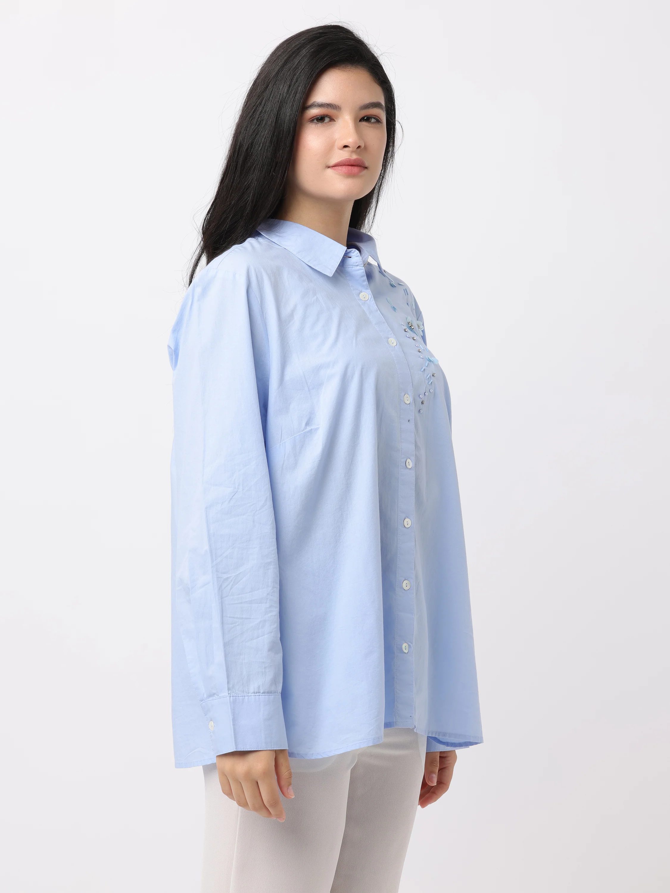 Women Blue Embroidered Comfort Fit Shirt - Image 5