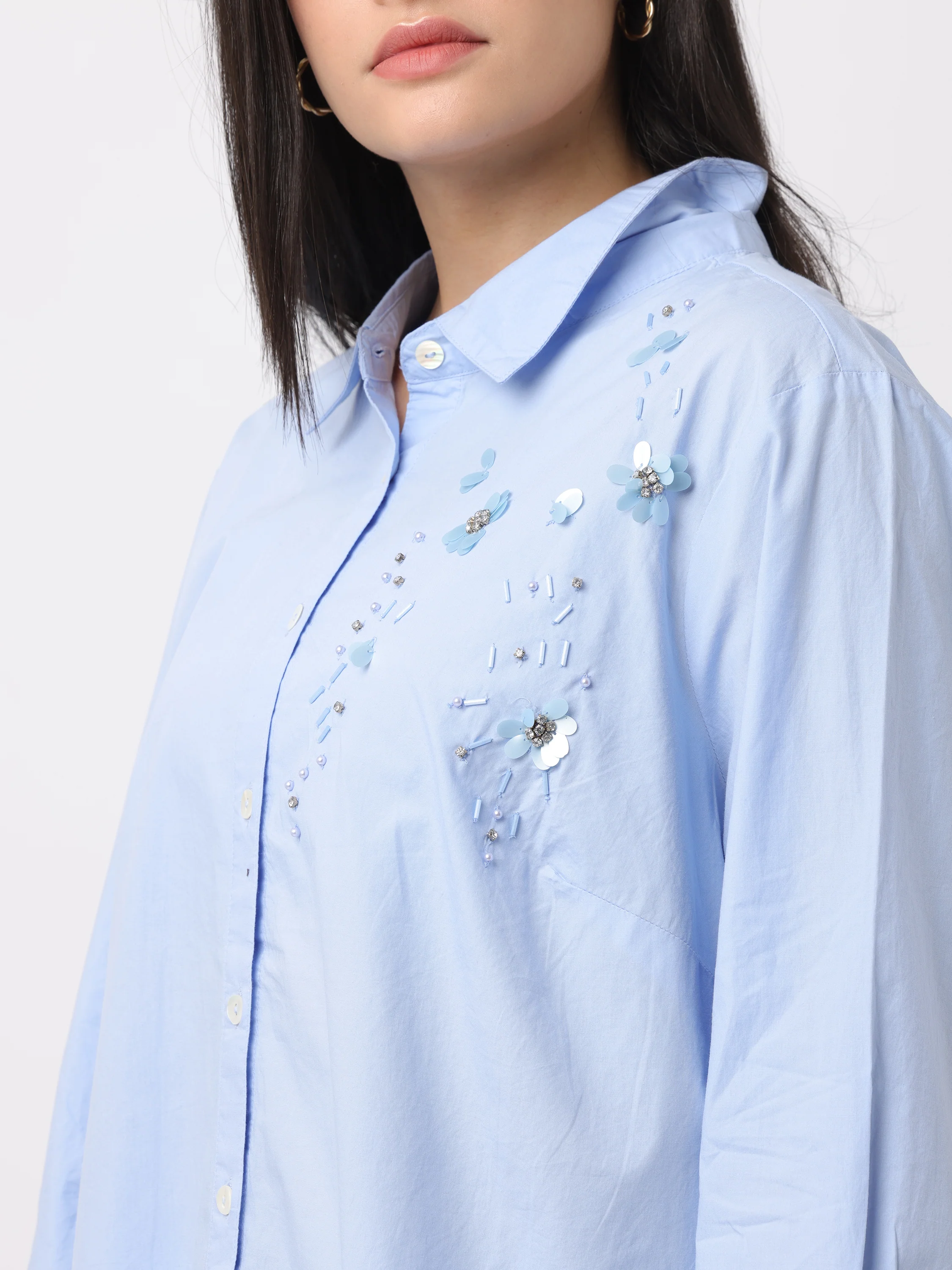 Women Blue Embroidered Comfort Fit Shirt - Image 6