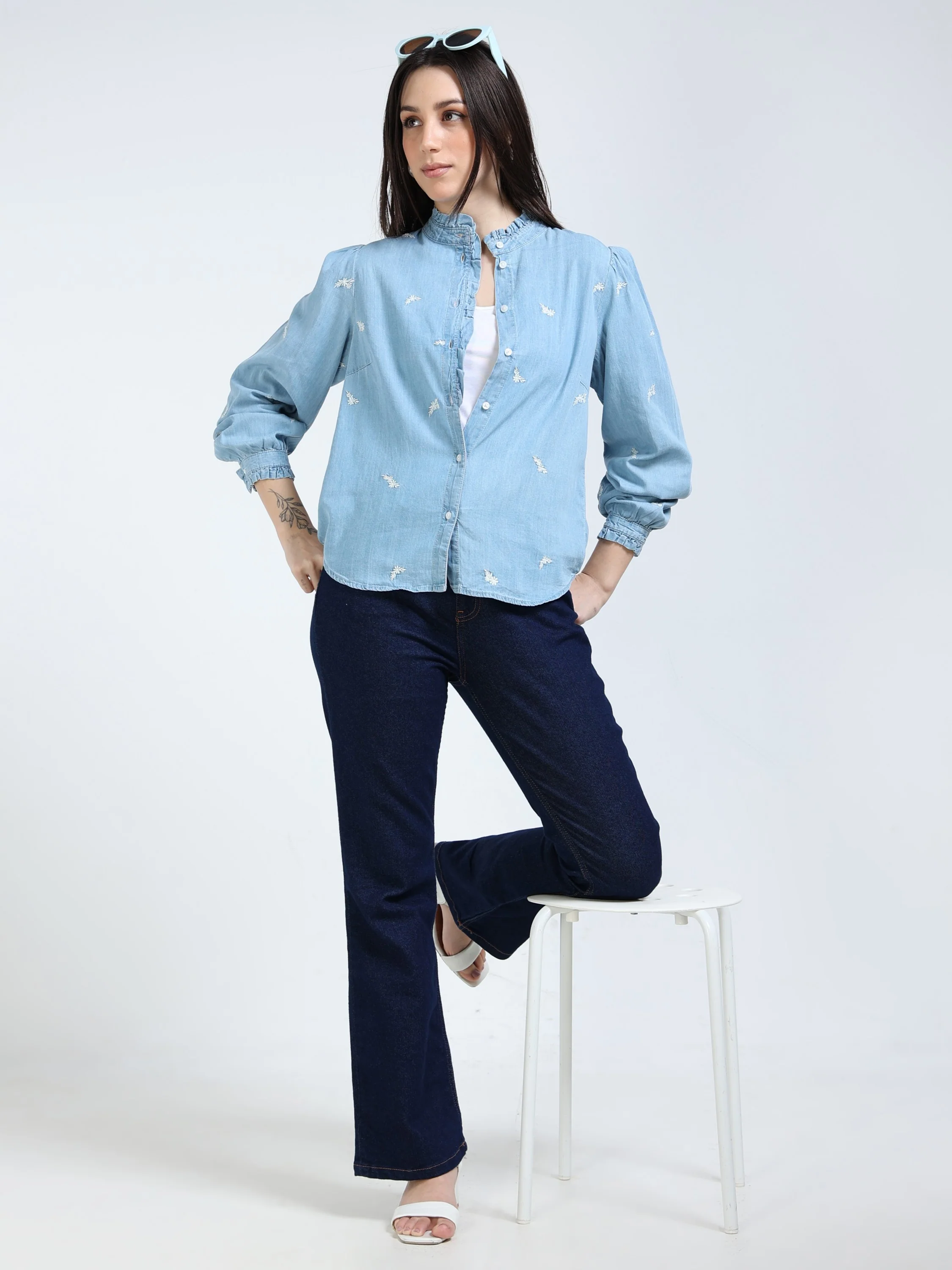 Women Blue Ruffle Detail Shirt - Image 3