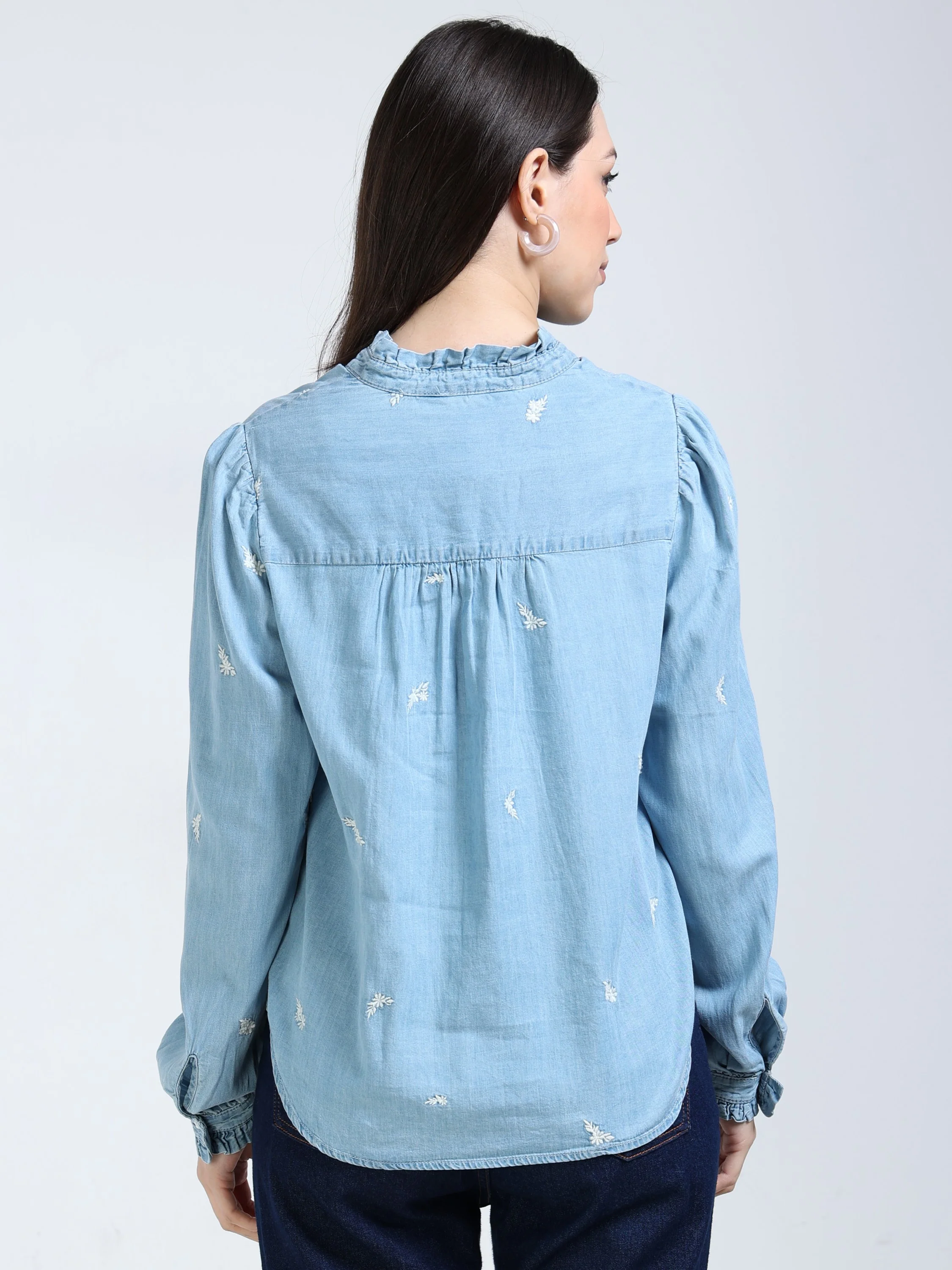 Women Blue Ruffle Detail Shirt - Image 4