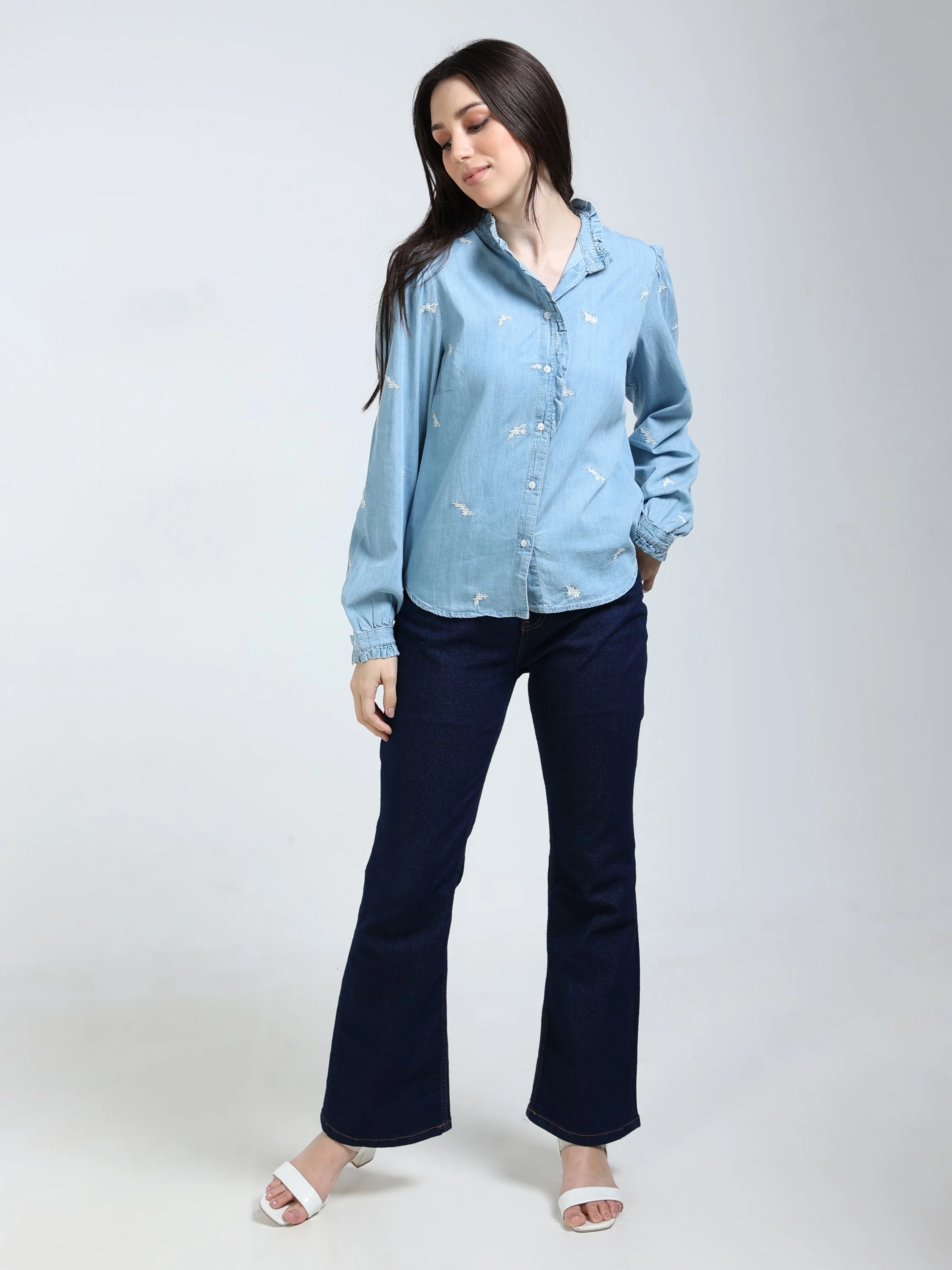 Women Blue Ruffle Detail Shirt - Image 5