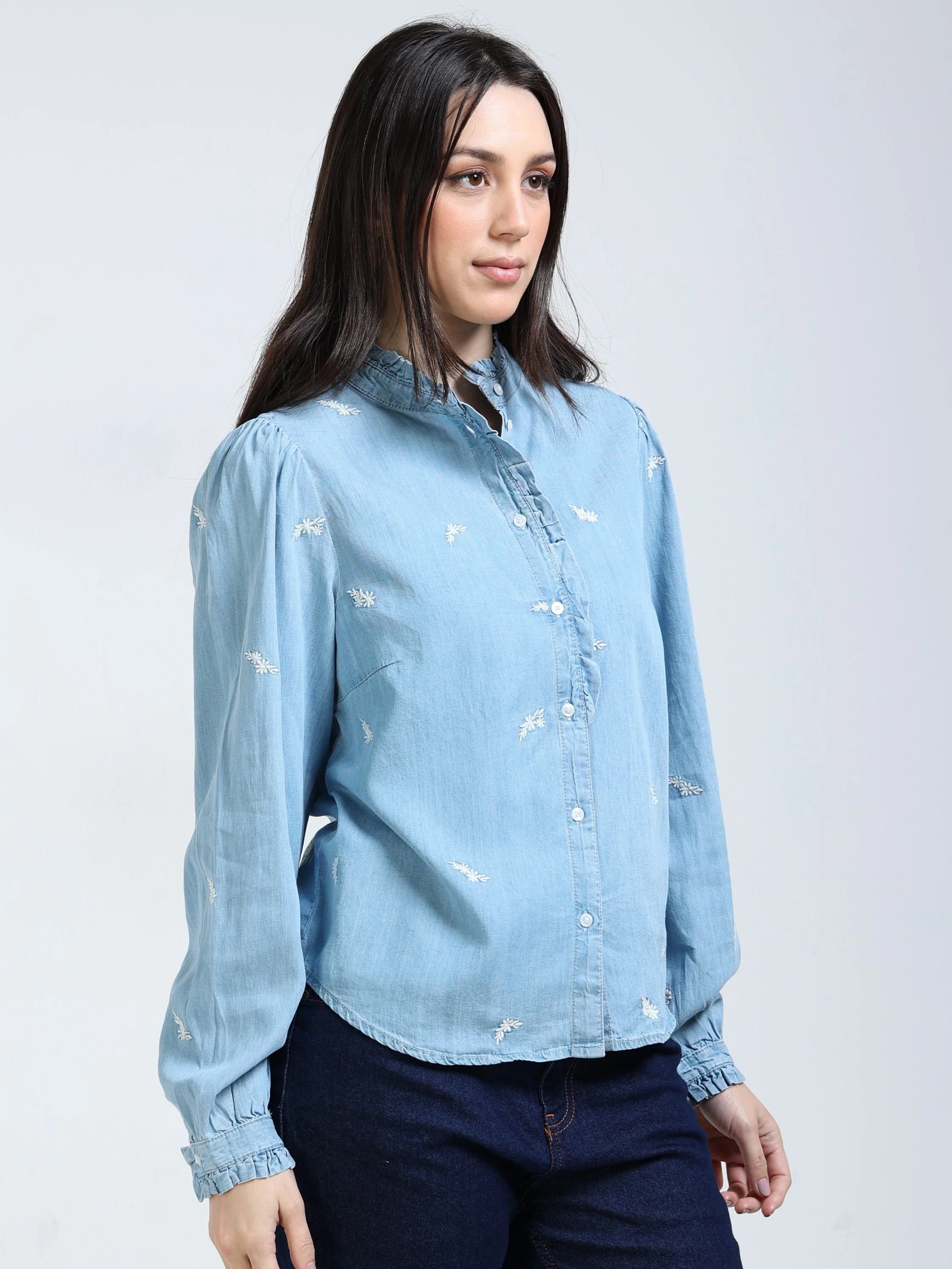 Women Blue Ruffle Detail Shirt - Image 6