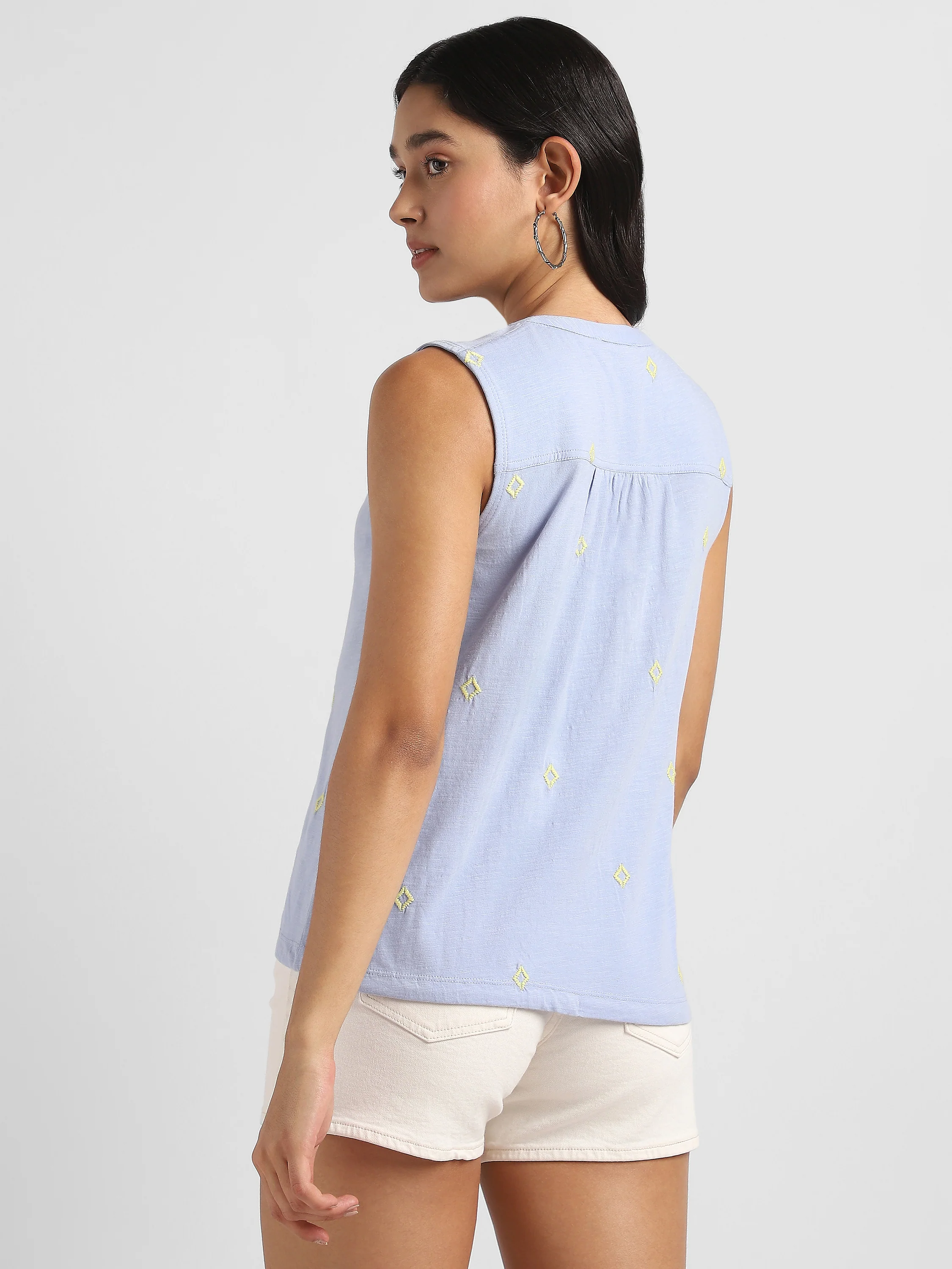 Women Blue Embroidered Top with front tie - Image 3