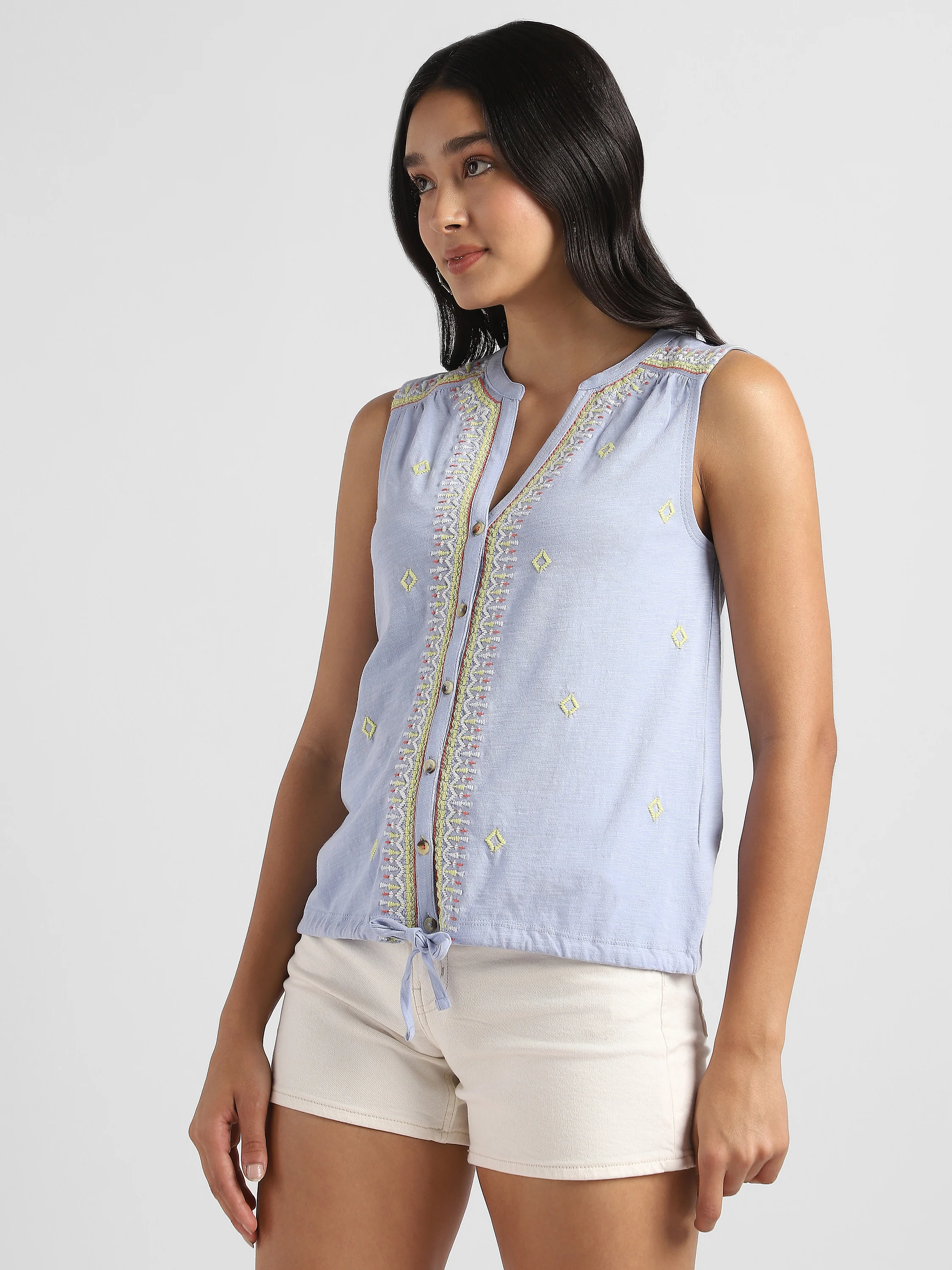 Women Blue Embroidered Top with front tie - Image 4
