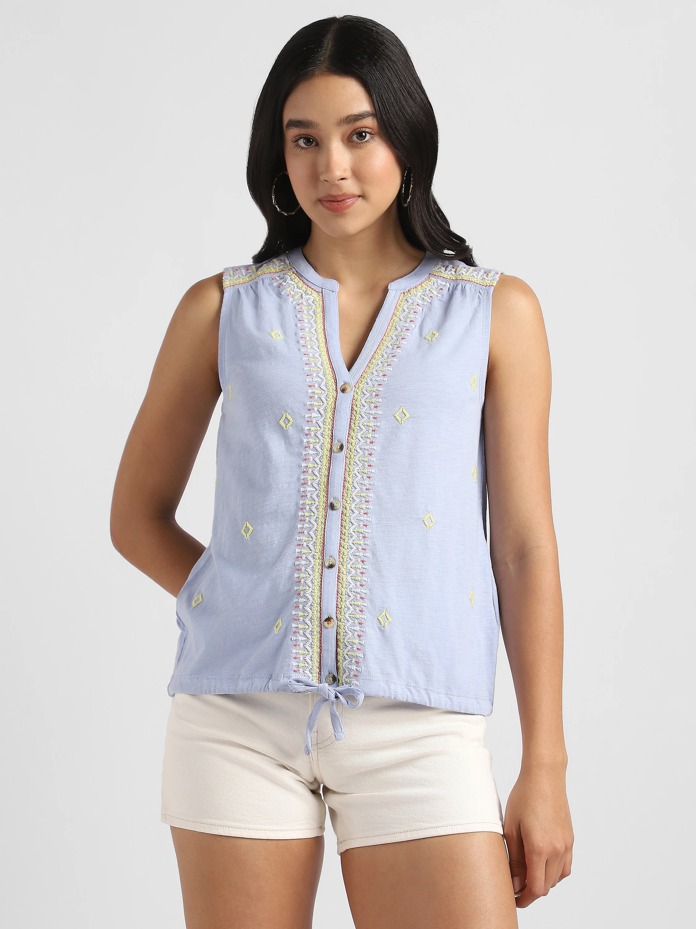 Women Blue Embroidered Top with front tie - Image 5