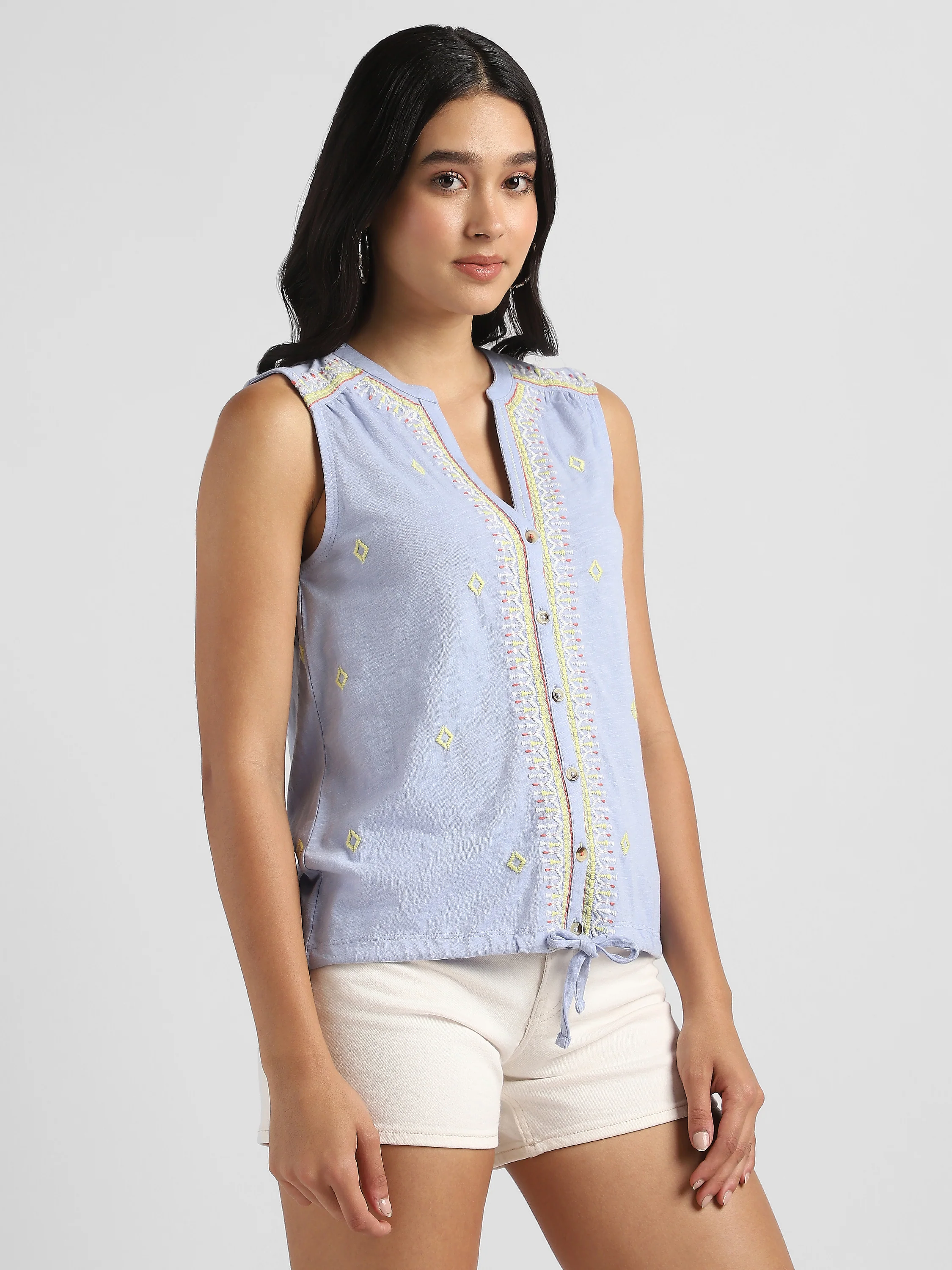 Women Blue Embroidered Top with front tie - Image 6