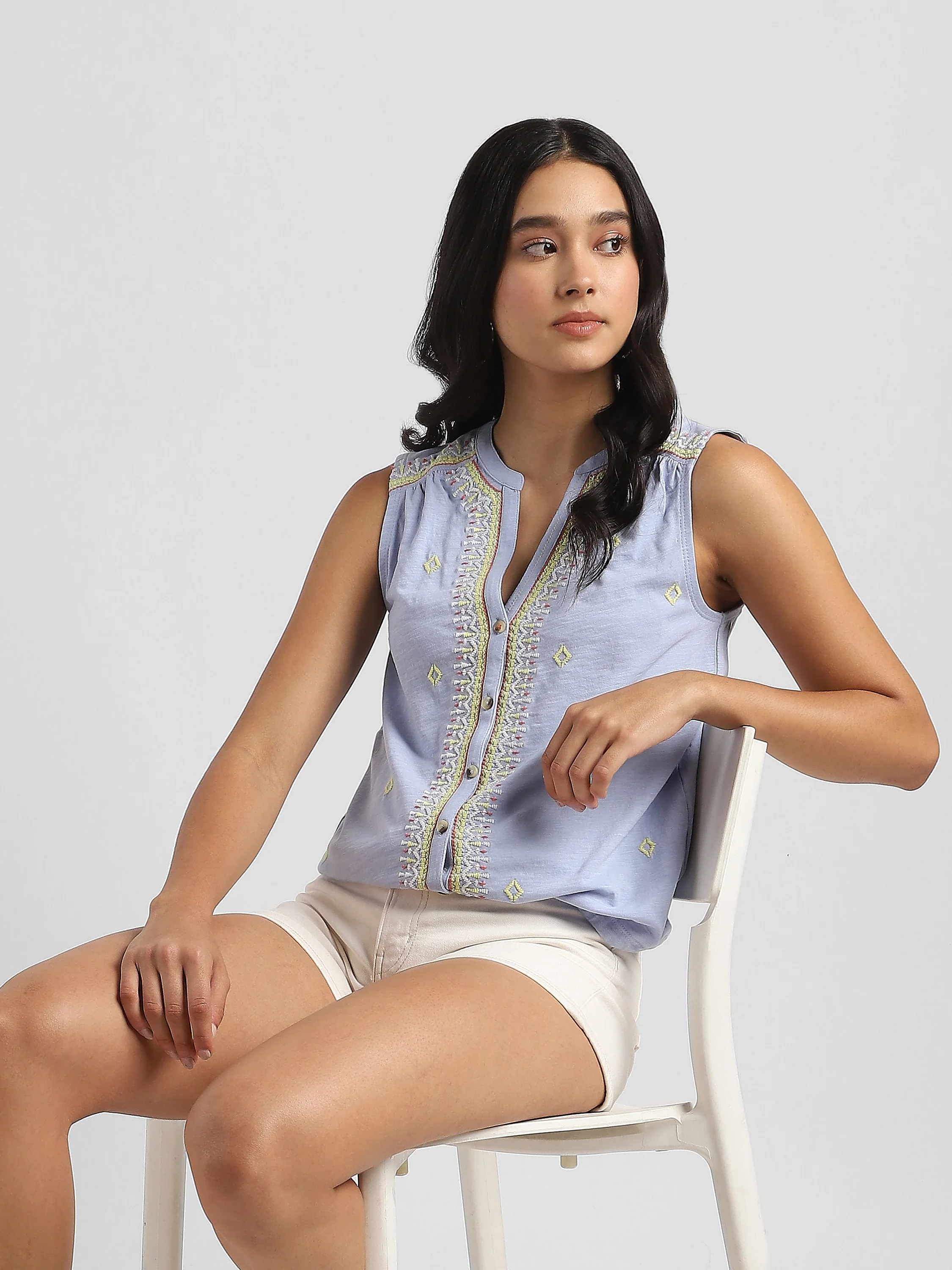 Women Blue Embroidered Top with front tie - Image 7