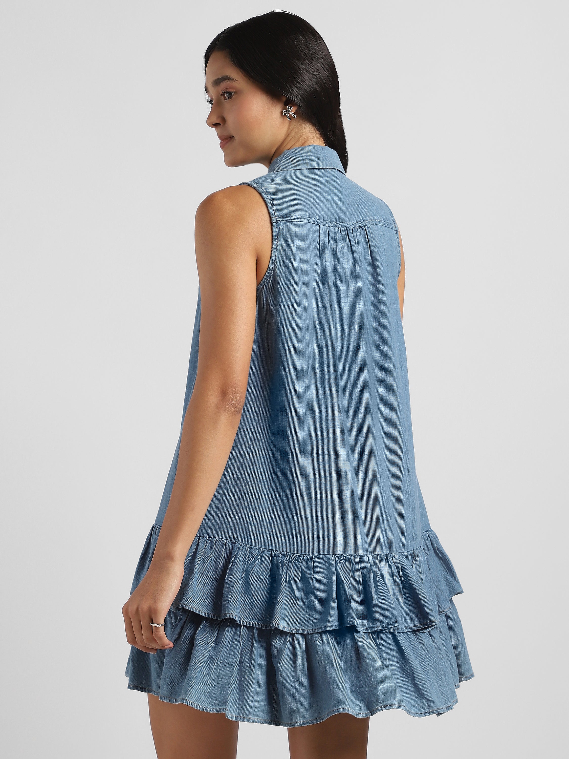 Women Denim Shirt Dress with Bottom Ruffle - Image 2