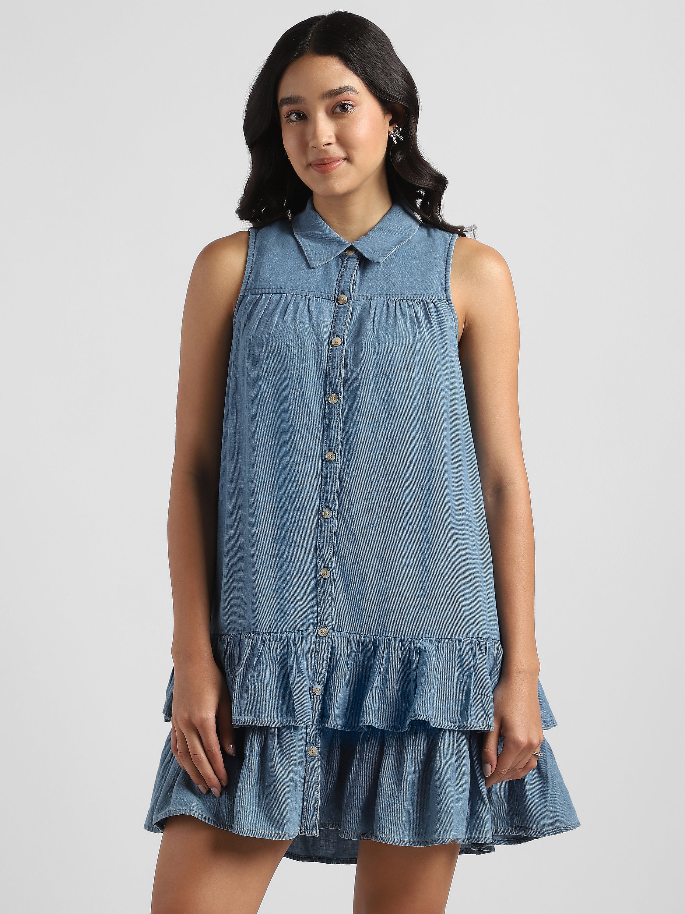 Women Denim Shirt Dress with Bottom Ruffle - Image 3