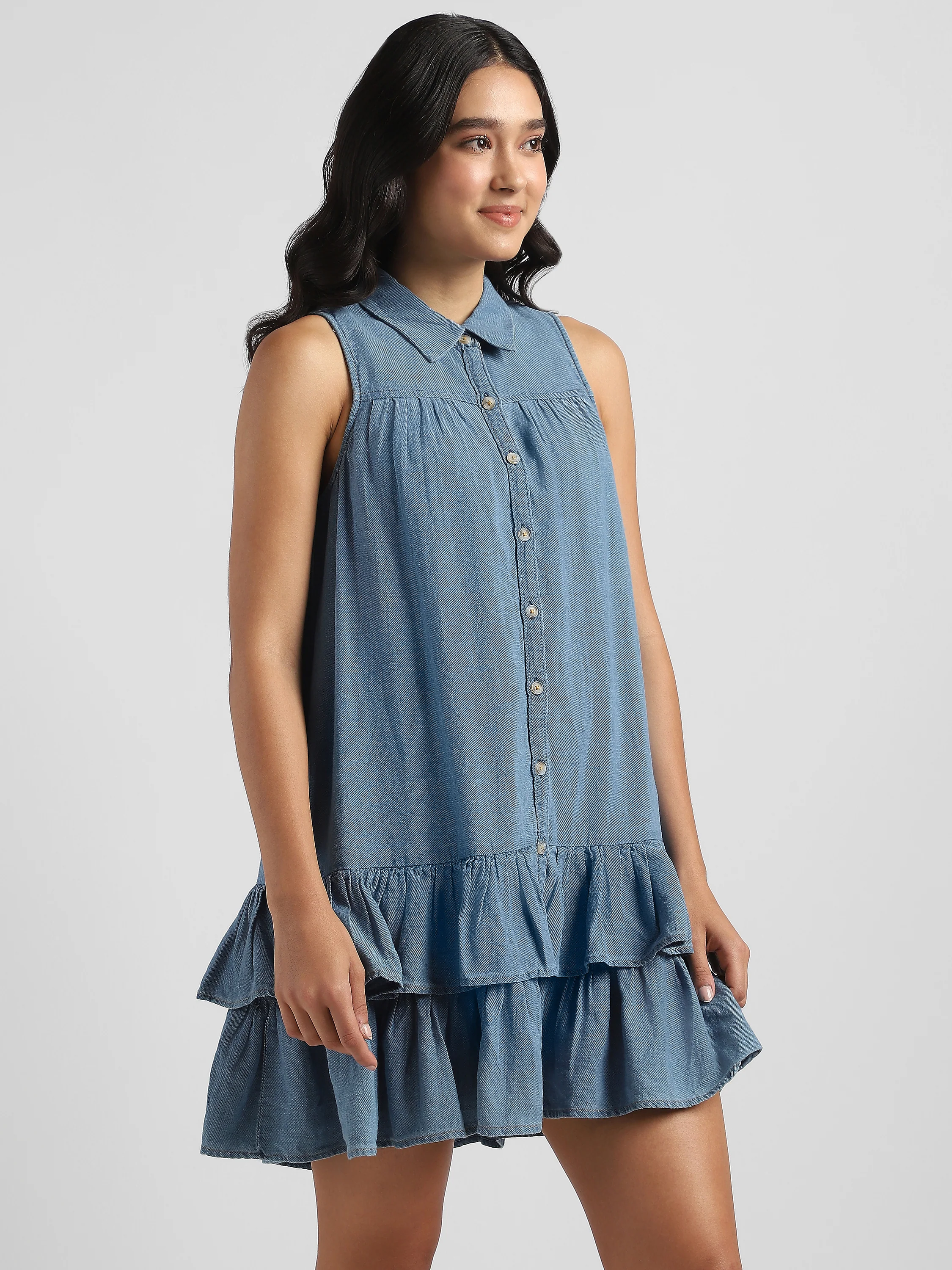 Women Denim Shirt Dress with Bottom Ruffle - Image 4