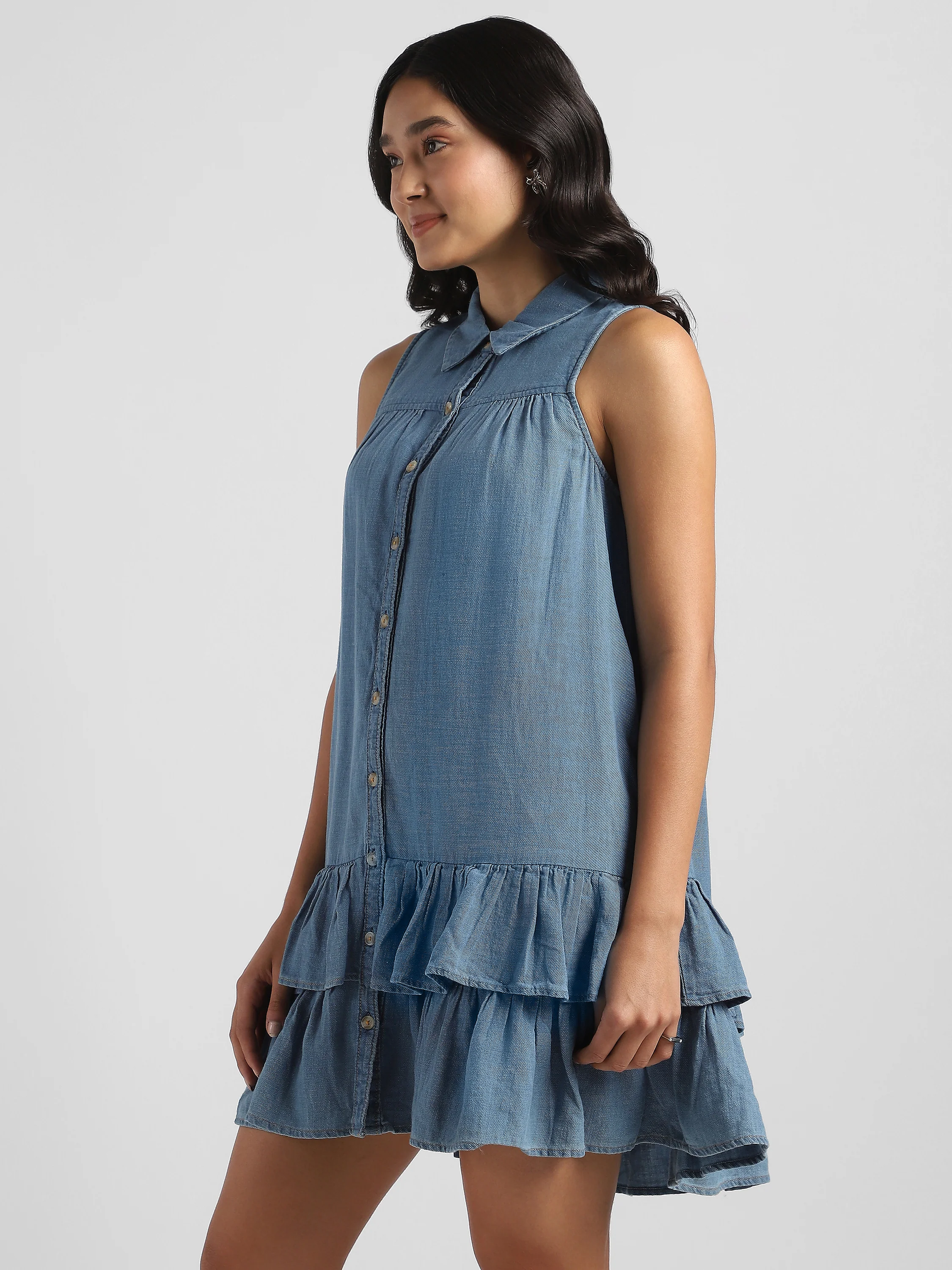 Women Denim Shirt Dress with Bottom Ruffle - Image 5