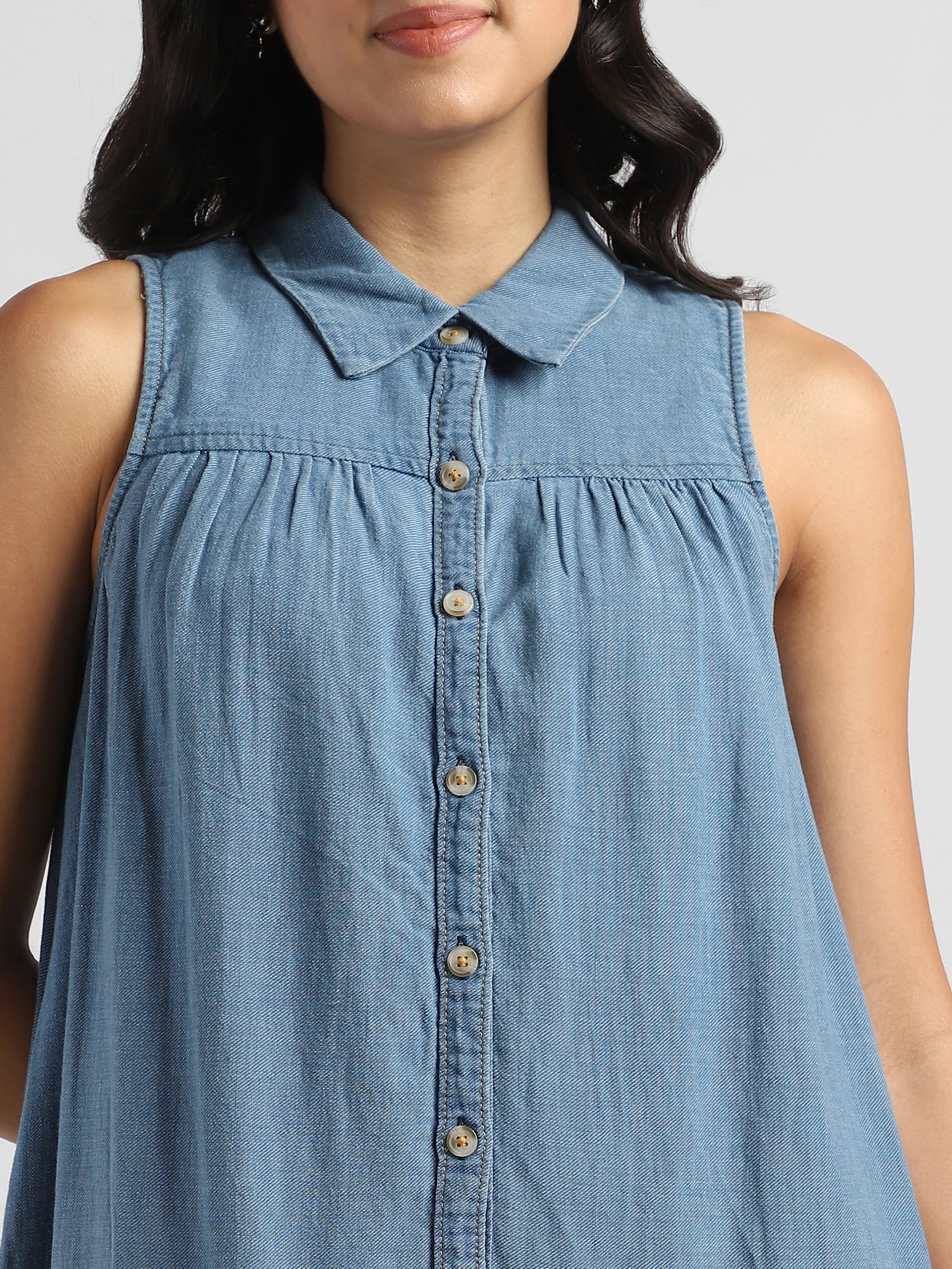 Women Denim Shirt Dress with Bottom Ruffle - Image 6